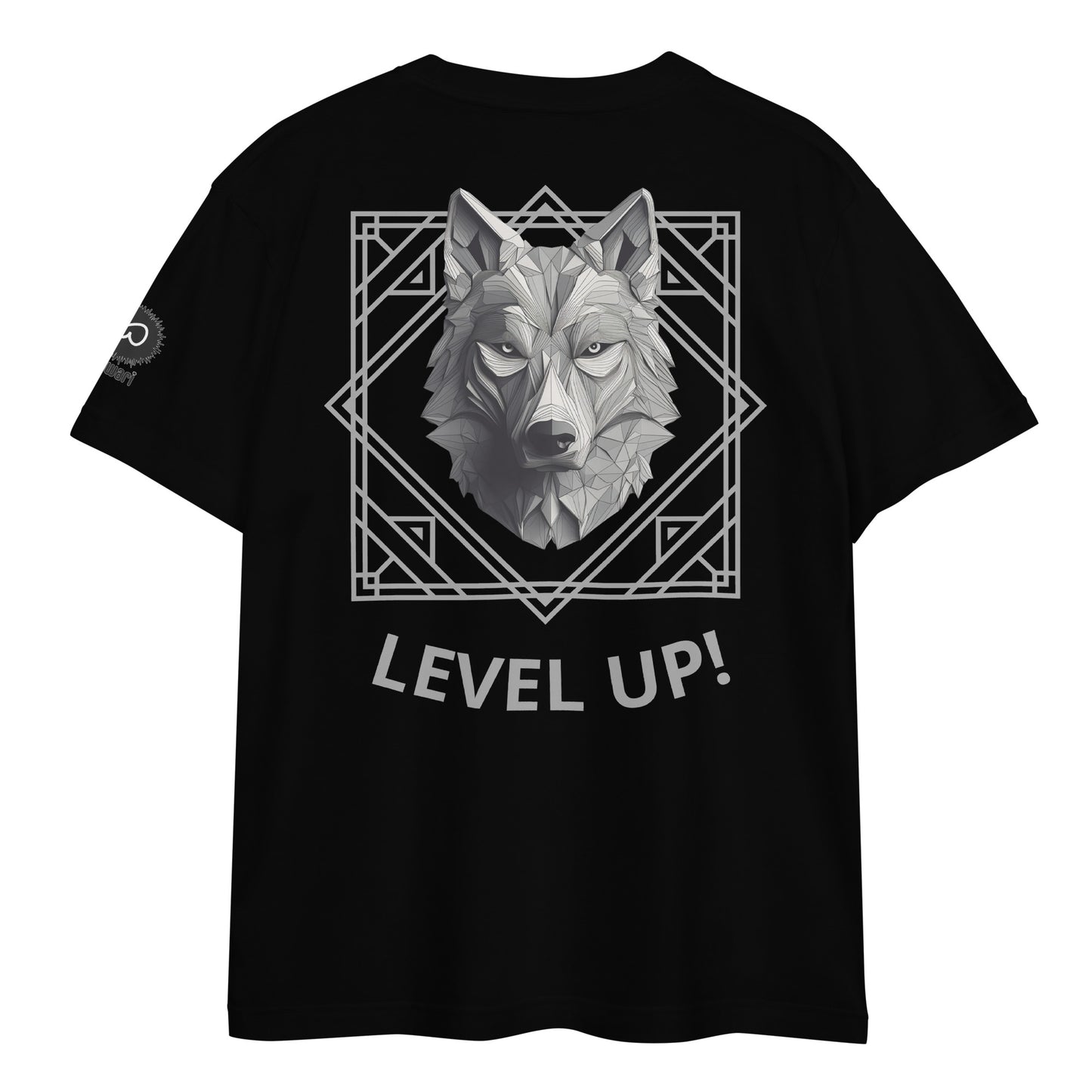 Black Tee -Back Design with Gray Alpha Wolf  and Grey Pattern - Left Shoulder with Uniwari Logo
