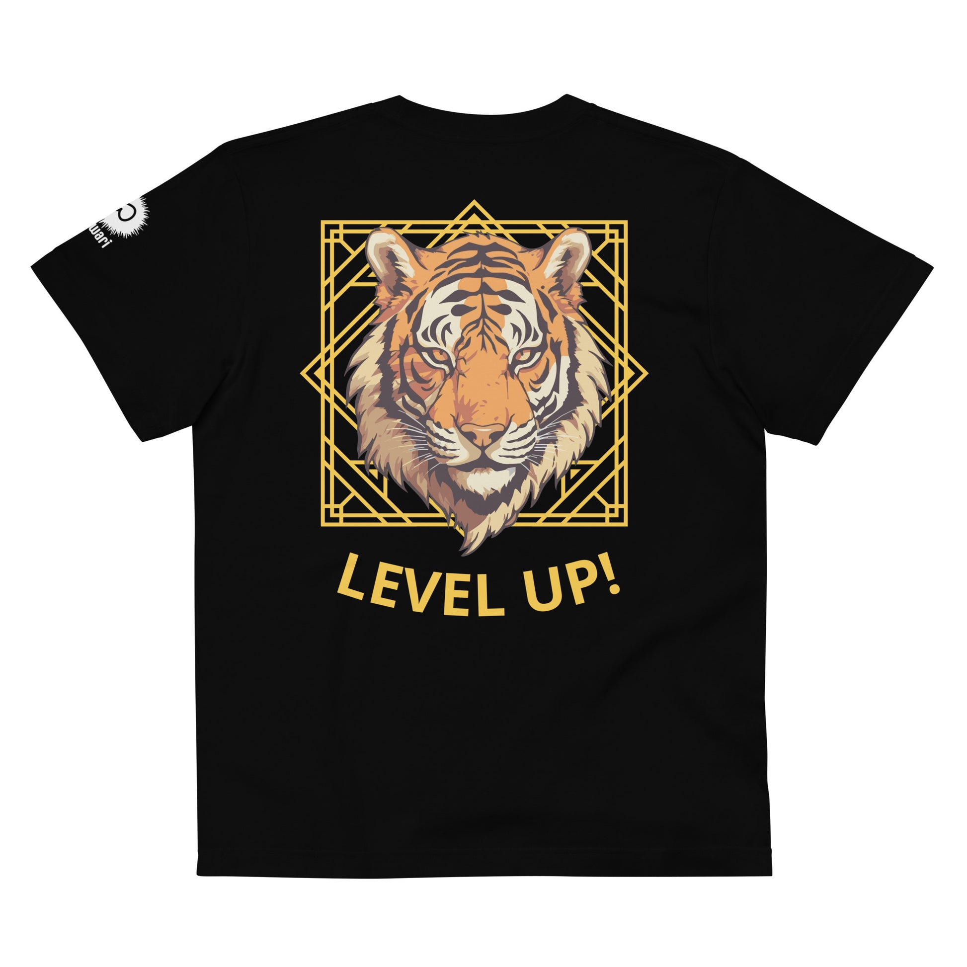 Black Tee -Back Design with Gray Alpha Tiger and yellow Pattern - Left Shoulder with Uniwari Logo