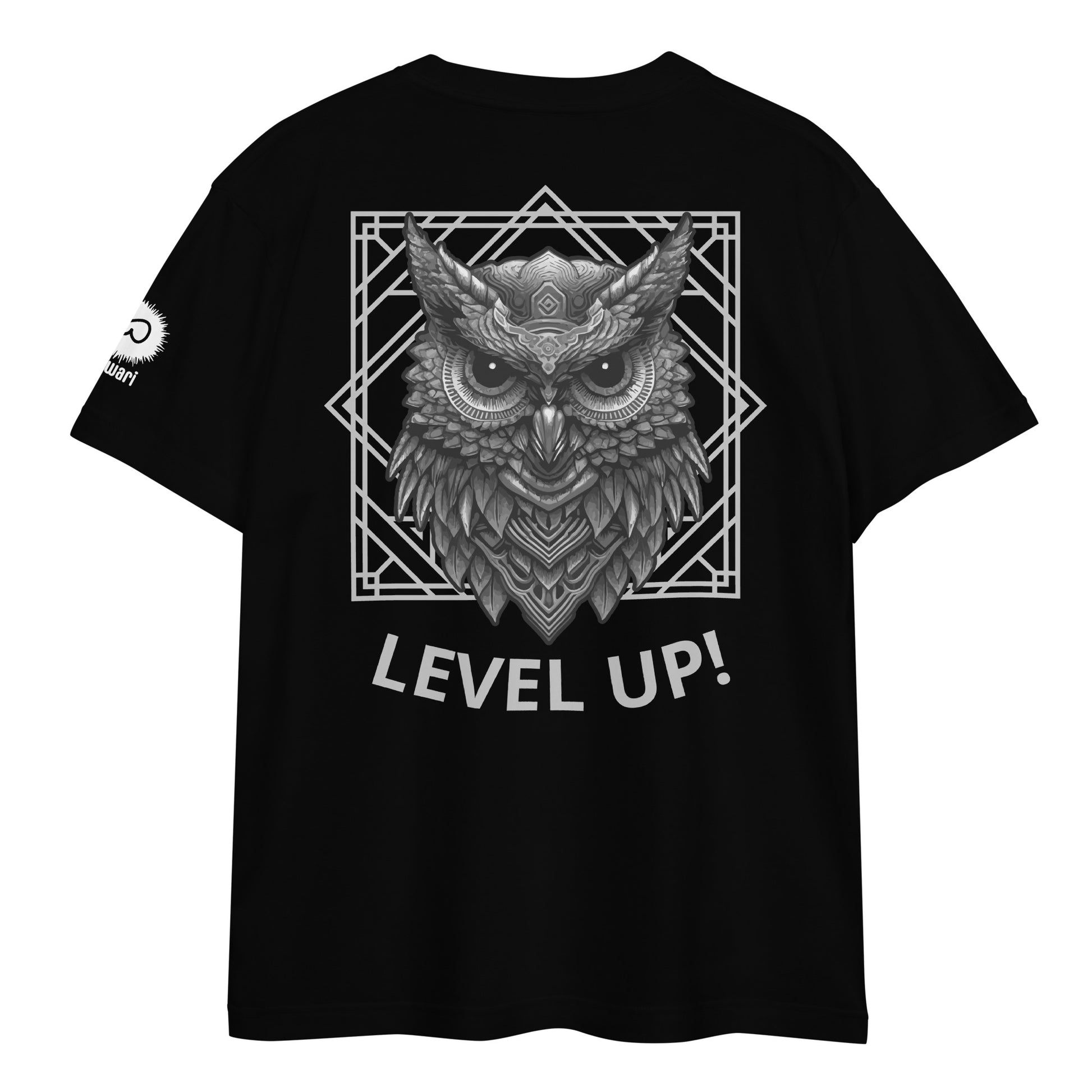 Black Tee -Back Design with Gray Black Alpha Owl and Light Gray Pattern - Left Shoulder with Uniwari Logo