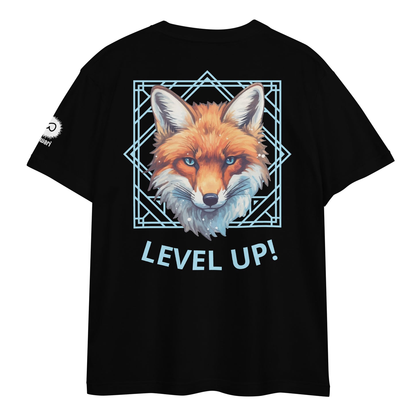 Black Tee -Back Design with Alpha Fox and Light Blue Pattern - Left Shoulder with Uniwari Logo