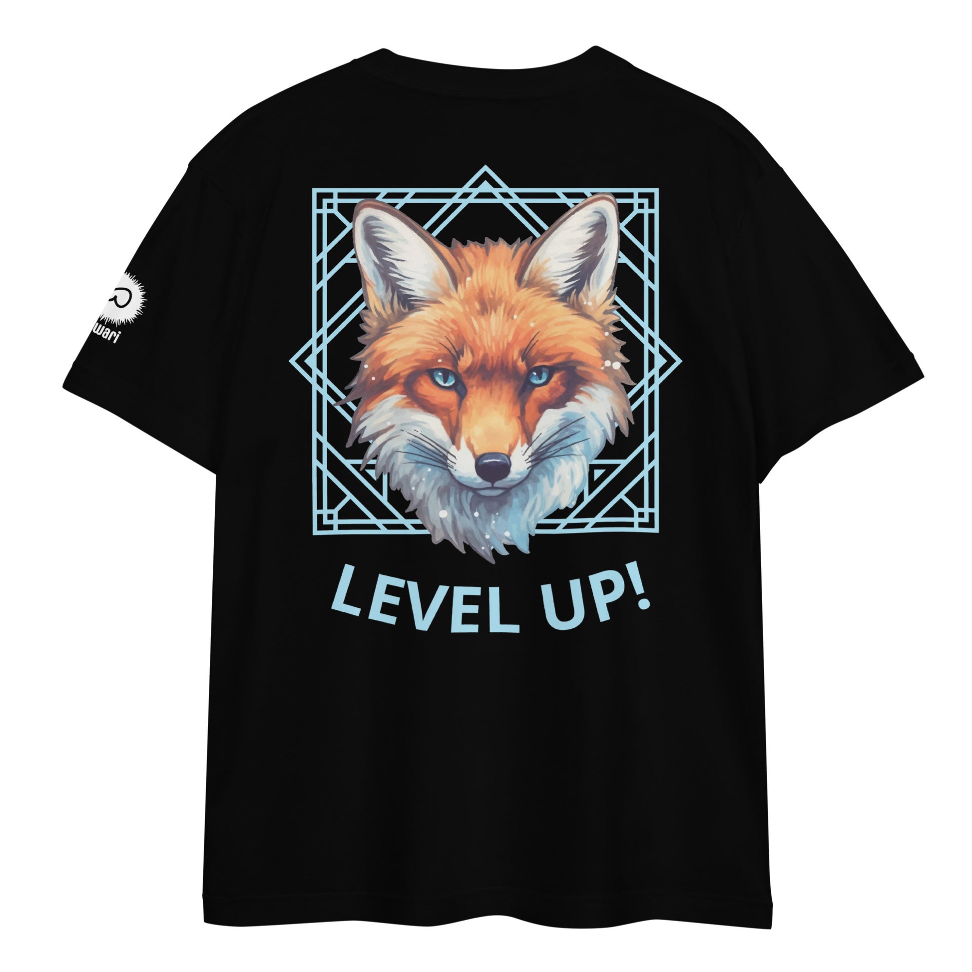 Black Tee -Back Design with Alpha Fox and Light Blue Pattern - Left Shoulder with Uniwari Logo