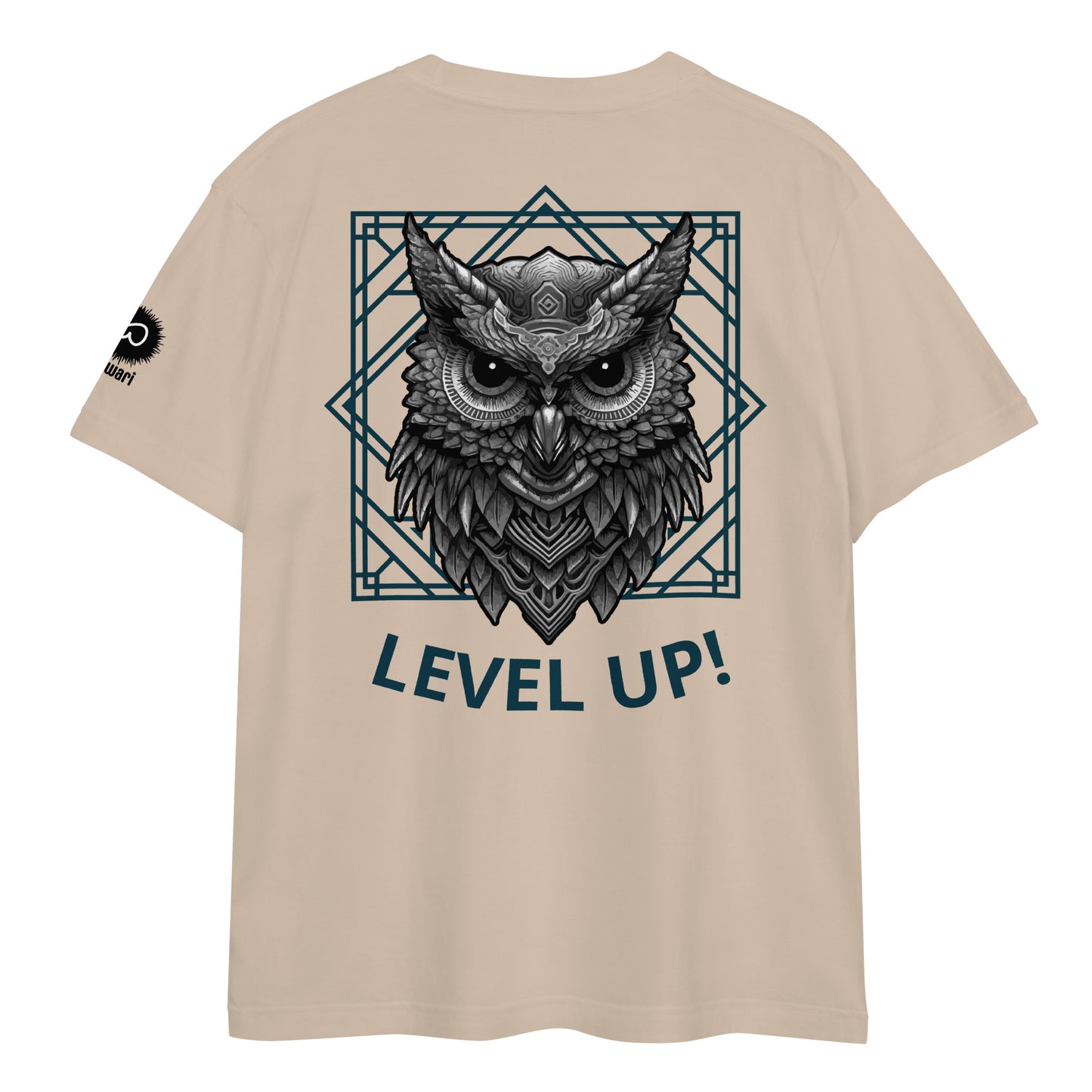 Light Beige Tee -Back Design with Gray Black Alpha Owl and Dark Green Pattern - Left Shoulder with Uniwari Logo