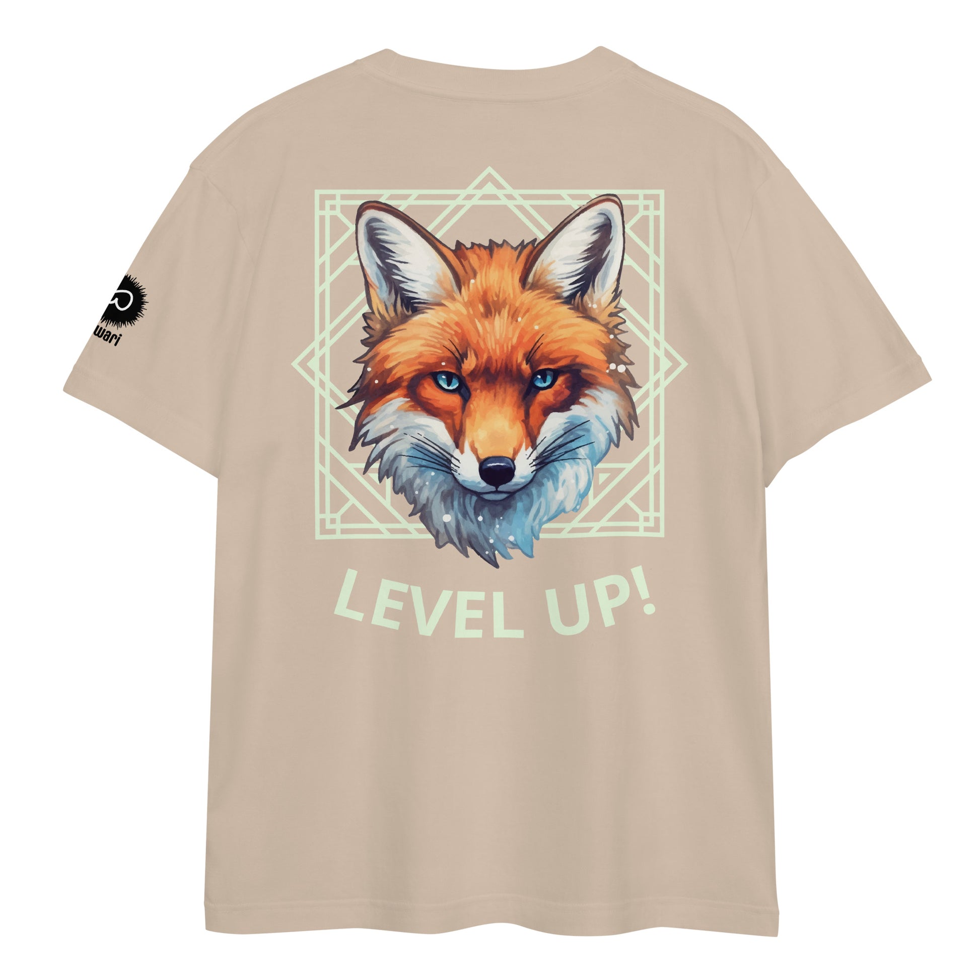 Light Beige Tee -Back Design with Alpha Fox and Light Green Pattern - Left Shoulder with Uniwari Logo