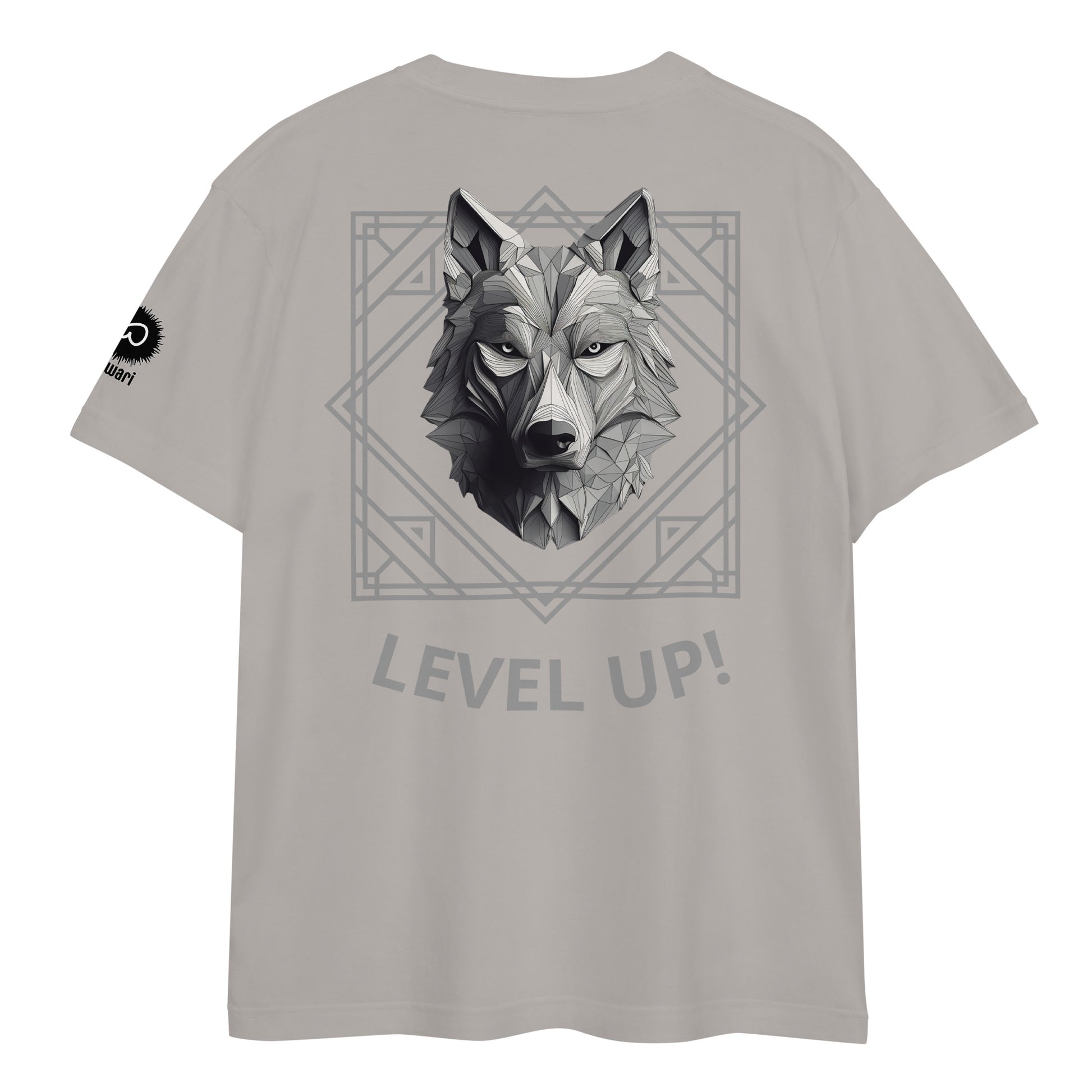 Gray Tee -Back Design with Gray Alpha Wolf  and Grey Pattern - Left Shoulder with Uniwari Logo