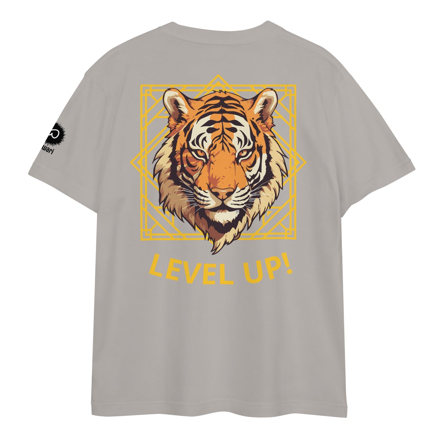 Beige Tee -Back Design with Gray Alpha Tiger and yellow Pattern - Left Shoulder with Uniwari Logo