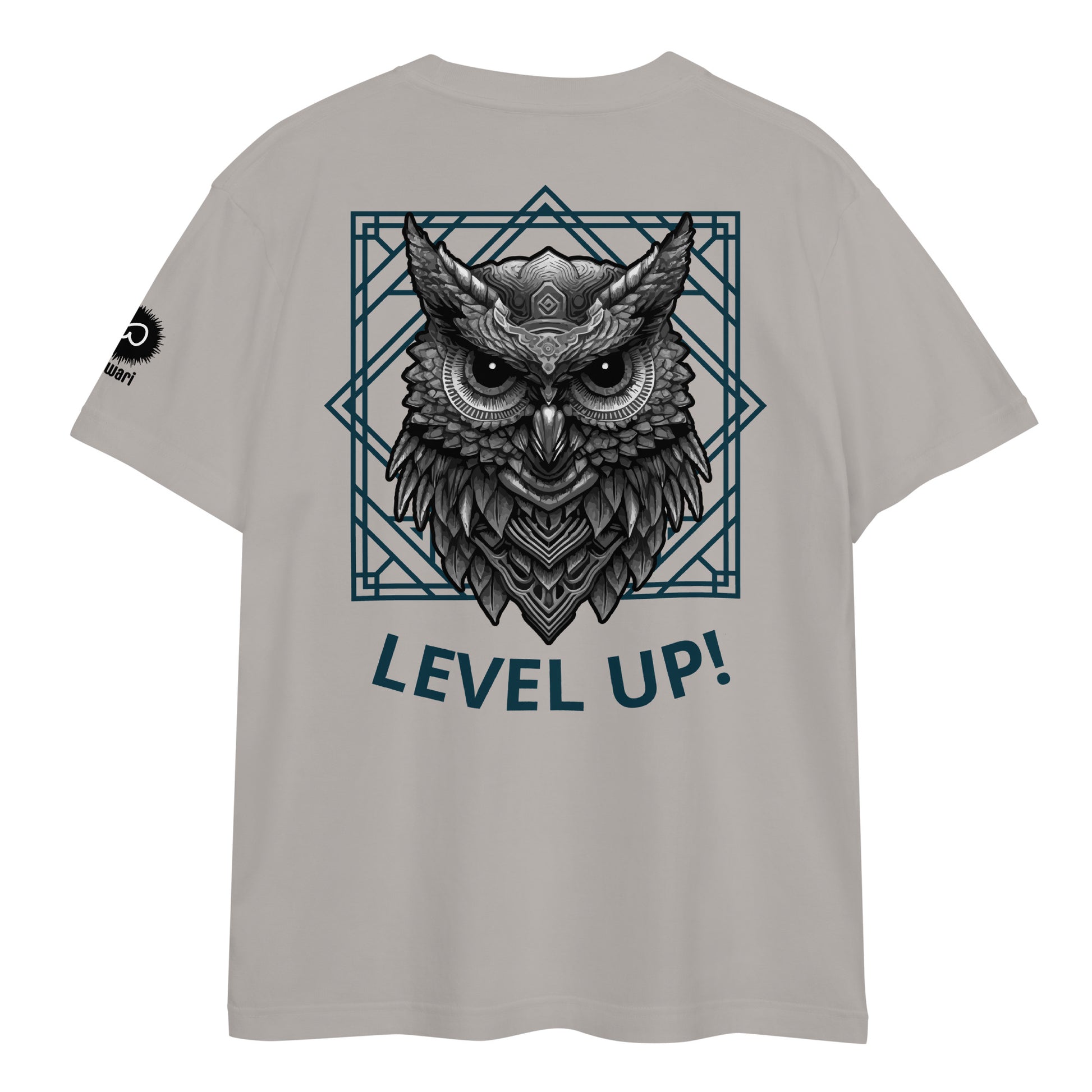 Gray Tee -Back Design with Gray Black Alpha Owl and Dark Green Pattern - Left Shoulder with Uniwari Logo