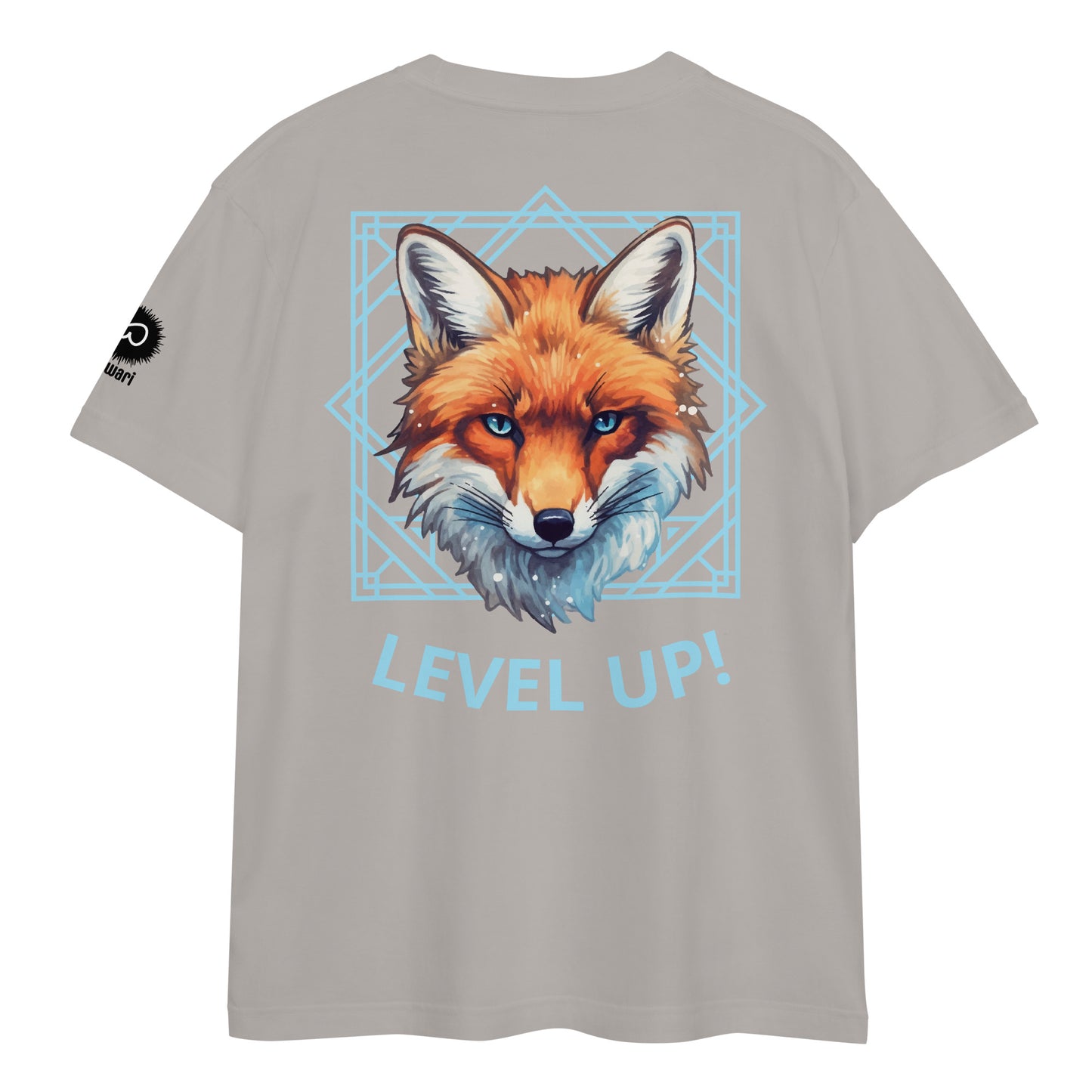 Gray Tee -Back Design with Alpha Fox and Light Blue Pattern - Left Shoulder with Uniwari Logo