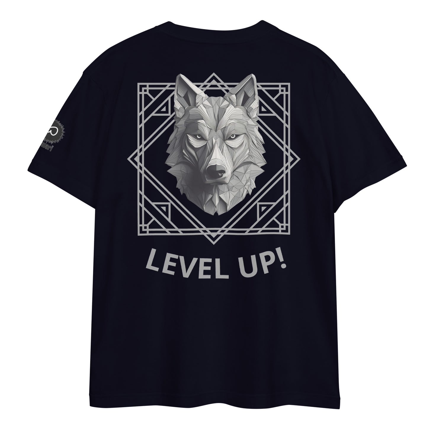 Navy Tee -Back Design with Gray Alpha Wolf  and Grey Pattern - Left Shoulder with Uniwari Logo