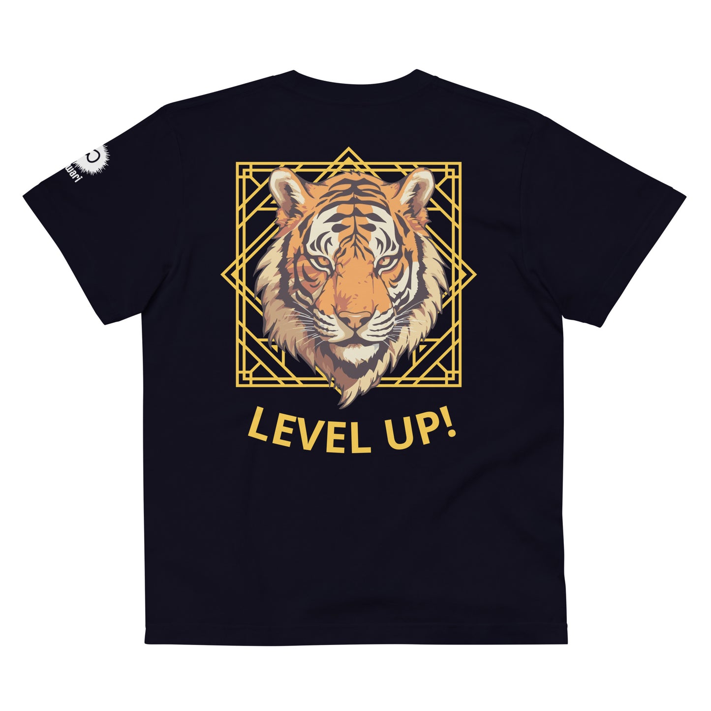 Navy Tee -Back Design with Gray Alpha Tiger and yellow Pattern - Left Shoulder with Uniwari Logo