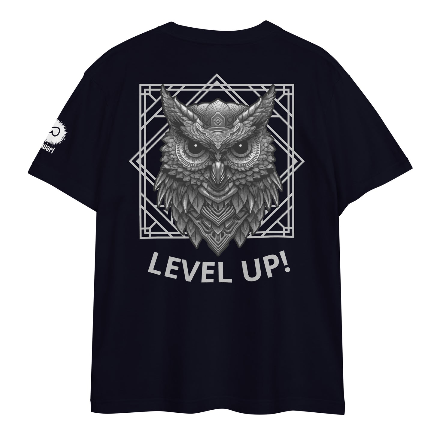 Navy Tee -Back Design with Gray Black Alpha Owl and Light Gray Pattern - Left Shoulder with Uniwari Logo