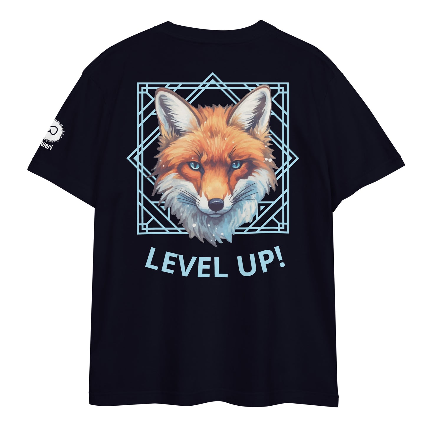 Navy Tee -Back Design with Alpha Fox and Light Blue Pattern - Left Shoulder with Uniwari Logo