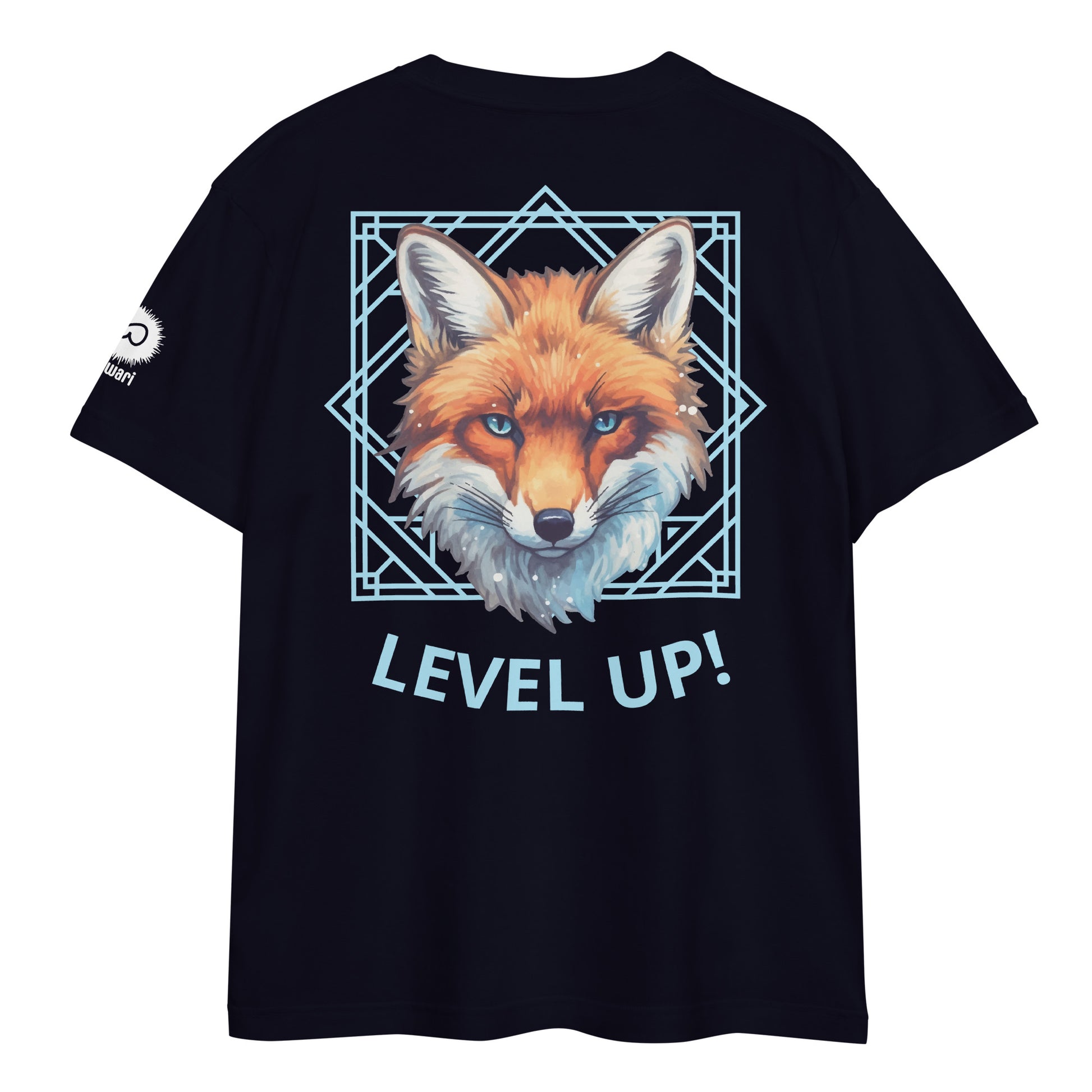 Navy Tee -Back Design with Alpha Fox and Light Blue Pattern - Left Shoulder with Uniwari Logo