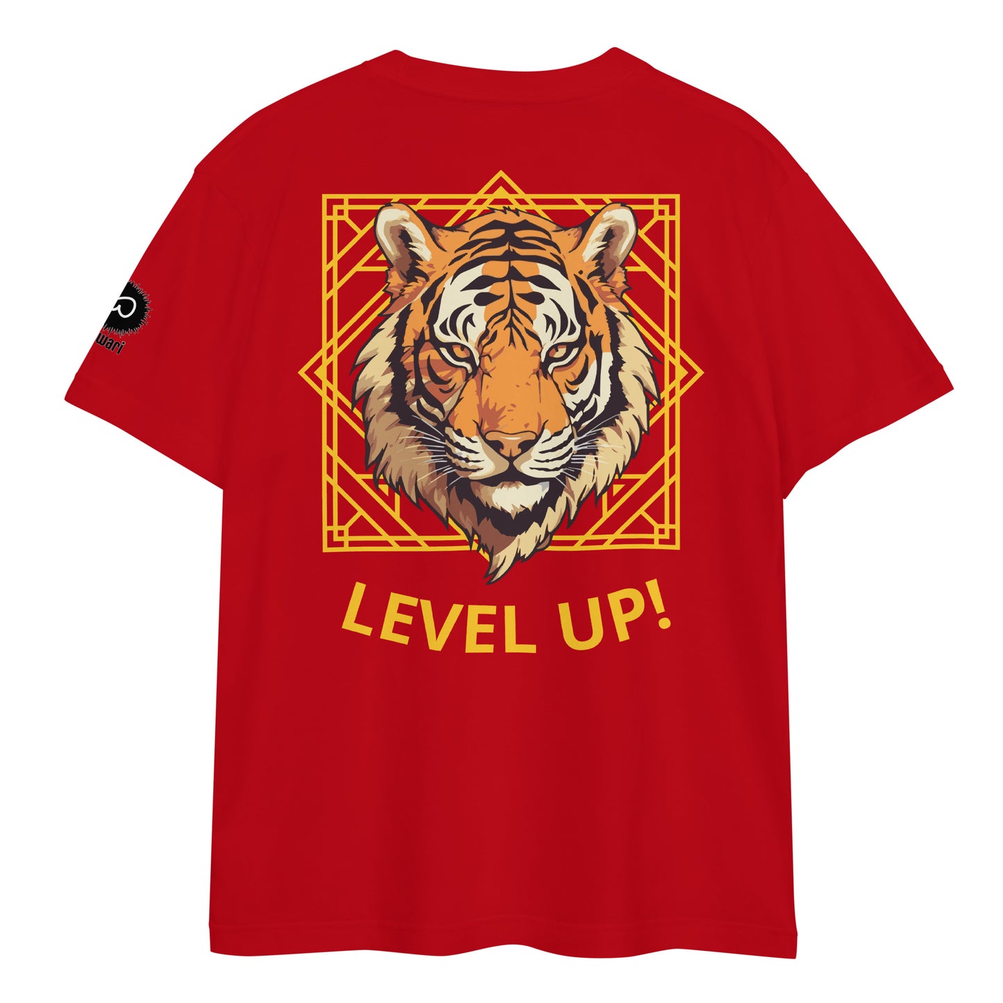 Red Tee -Back Design with Gray Alpha Tiger and yellow Pattern - Left Shoulder with Uniwari Logo