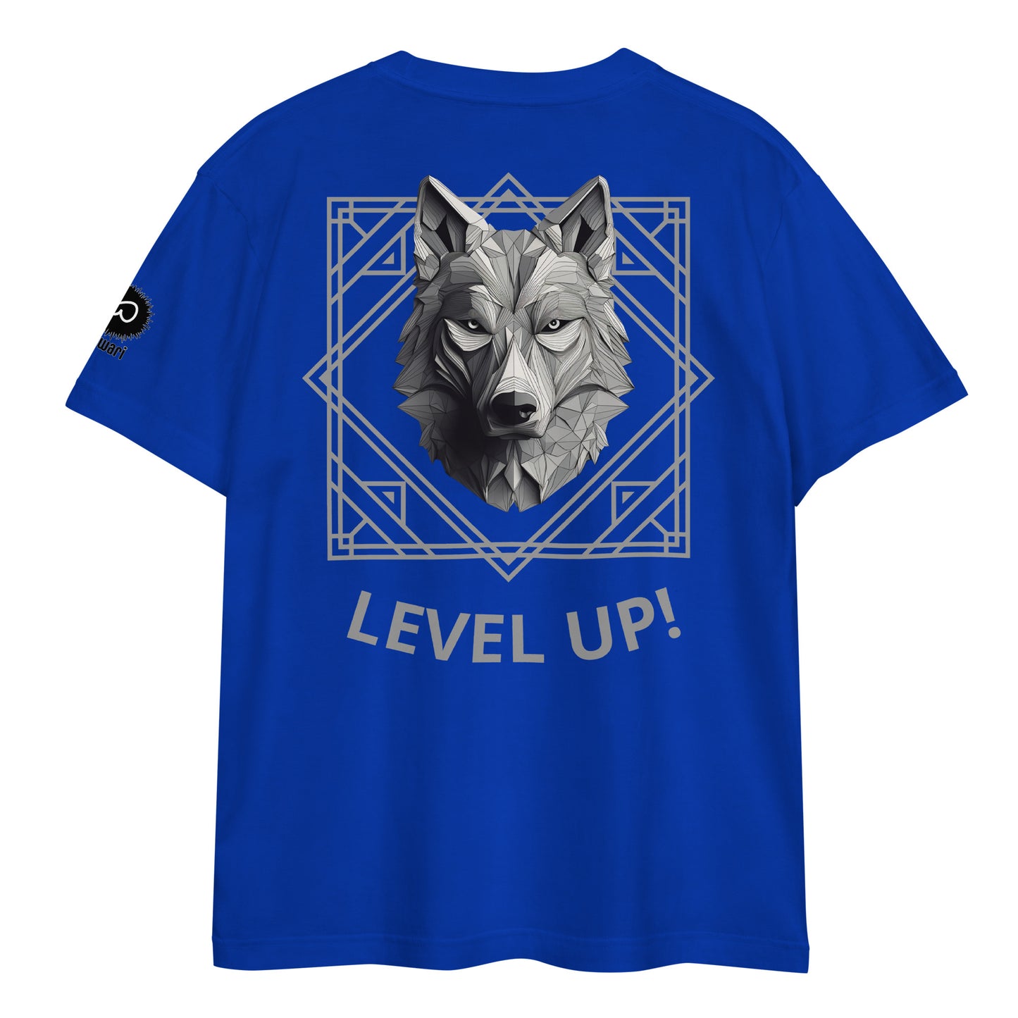 Blue Tee -Back Design with Gray Alpha Wolf  and Grey Pattern - Left Shoulder with Uniwari Logo