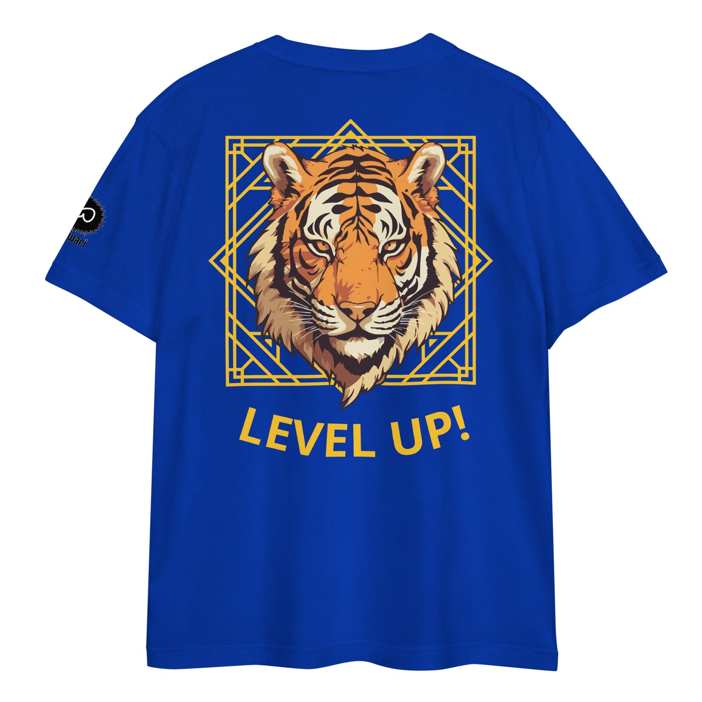 Blue Tee -Back Design with Gray Alpha Tiger and yellow Pattern - Left Shoulder with Uniwari Logo