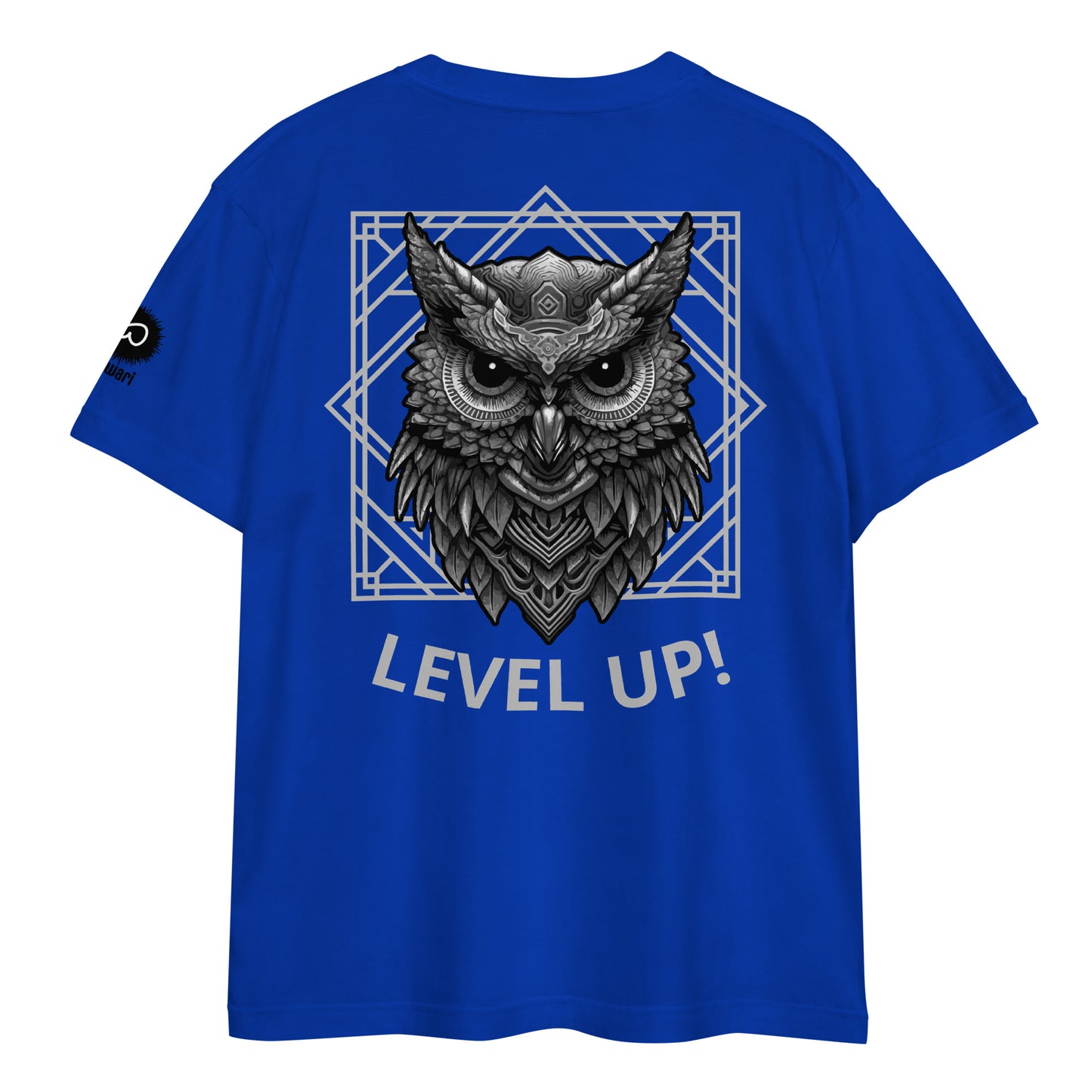 Blue Tee -Back Design with Gray Black Alpha Owl and Light Gray Pattern - Left Shoulder with Uniwari Logo