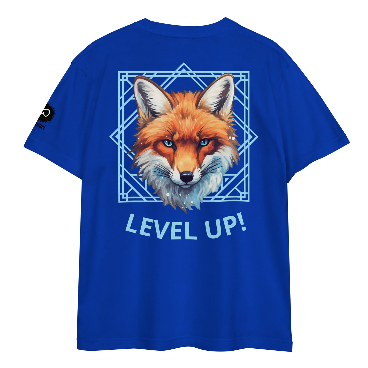 Blue Tee -Back Design with Alpha Fox and Light Blue Pattern - Left Shoulder with Uniwari Logo