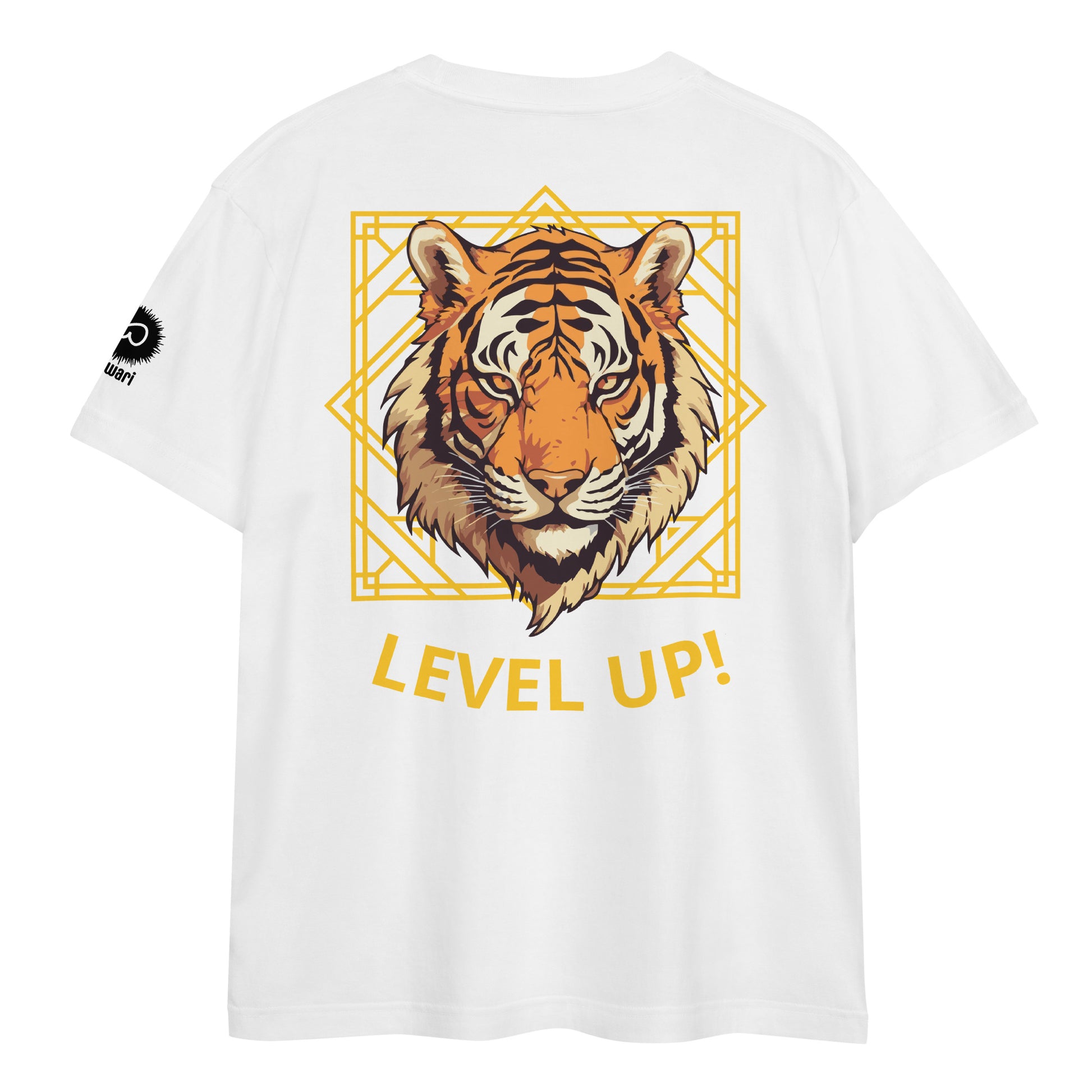 White Tee -Back Design with Gray Alpha Tiger and yellow Pattern - Left Shoulder with Uniwari Logo