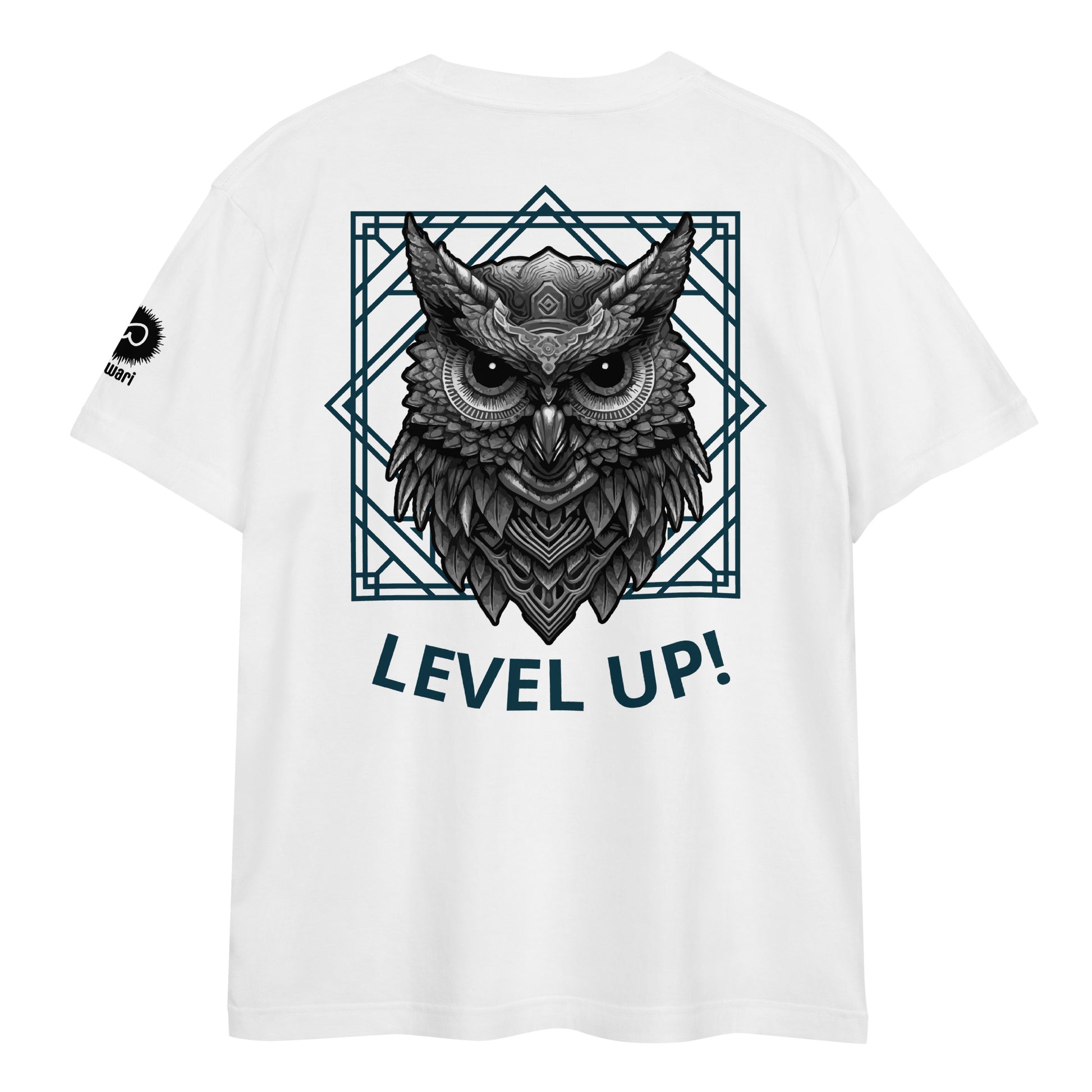 White Tee -Back Design with Gray Black Alpha Owl and Dark Green Pattern - Left Shoulder with Uniwari Logo