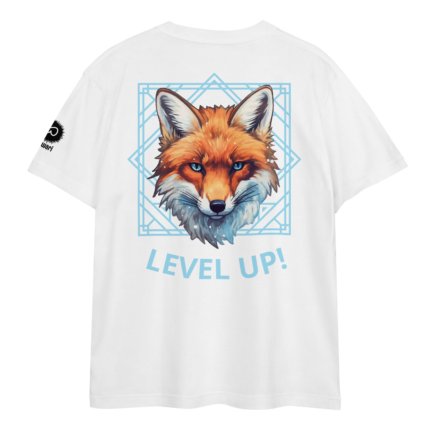 White Tee -Back Design with Alpha Fox and Light Blue Pattern - Left Shoulder with Uniwari Logo