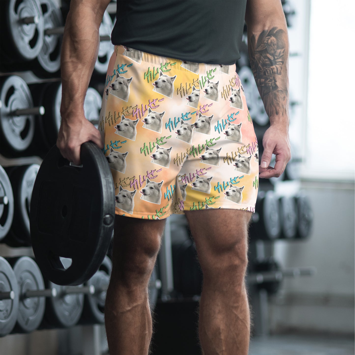 Tie Dye Men’s Recycled Athletic Shorts - with FUJI THE HUSKY print all-over