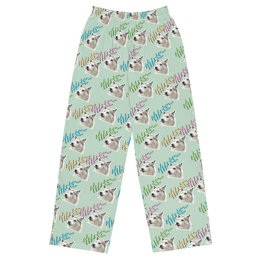 Green Long Pants -  with FUJI THE HUSKY print all-over 