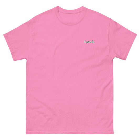 Pink High Quality Tee - Front Design with "Love is, " print on left chest - Back Design with a Phrase "Someone being patient with you is one of the softest forms of love." print