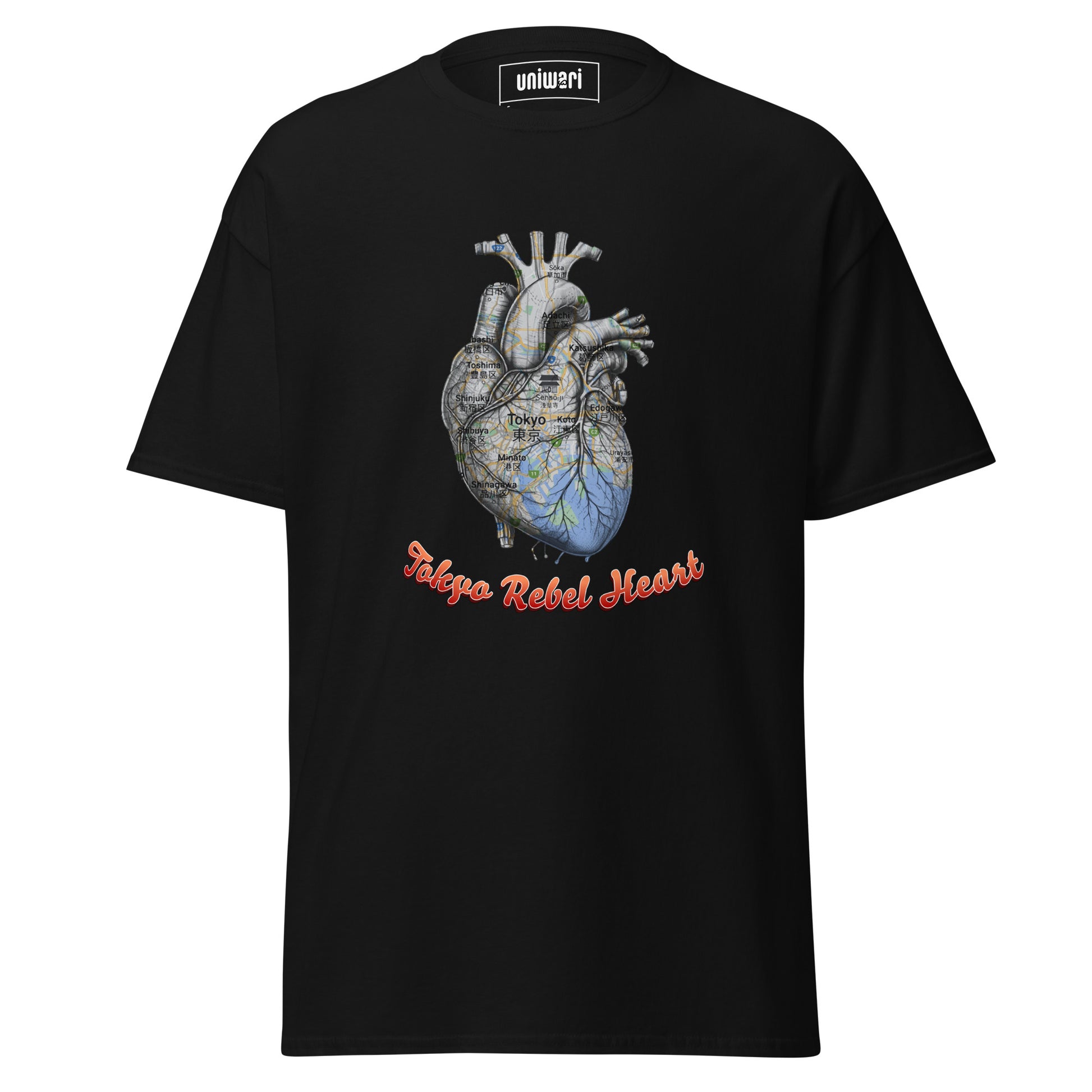 Black High Quality Tee - Front Design with a Heart Shaped Map of Tokyo and a Phrase "Tokyo Rebel Heart" print