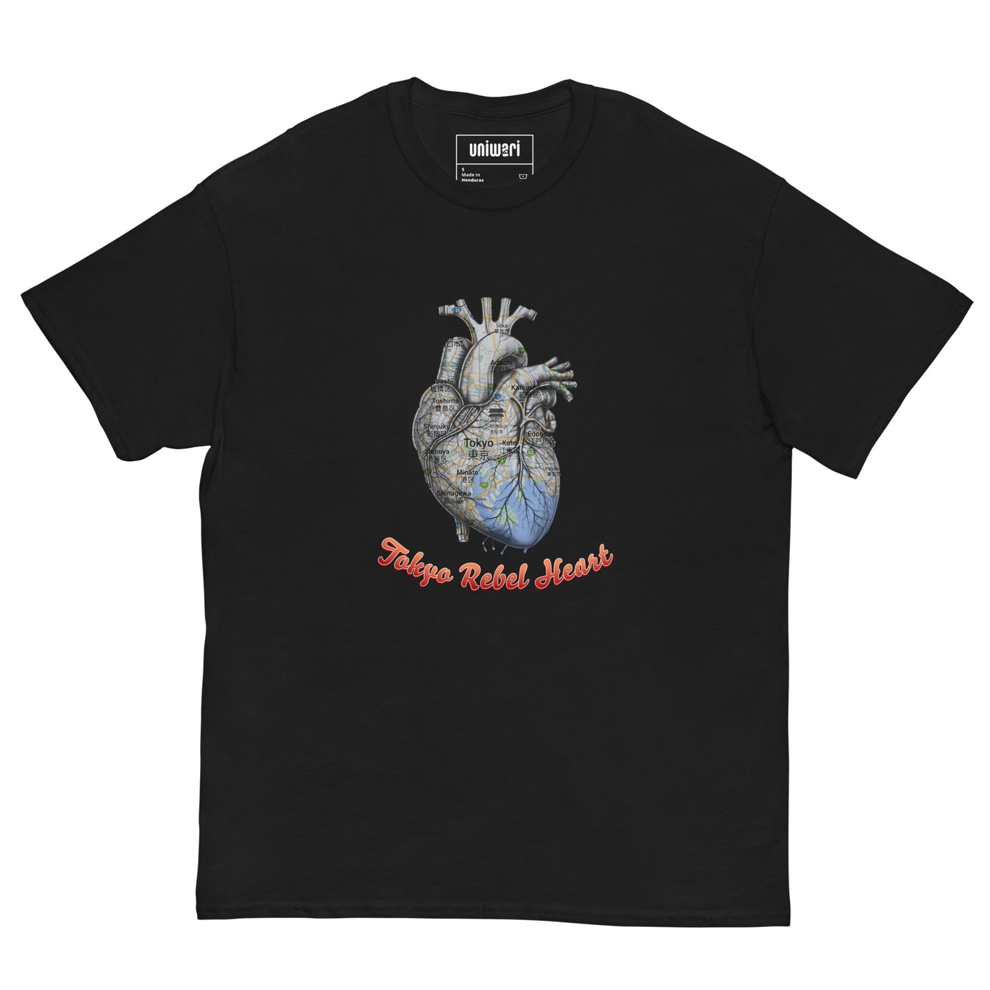 Black High Quality Tee - Front Design with a Heart Shaped Map of Tokyo and a Phrase "Tokyo Rebel Heart" print