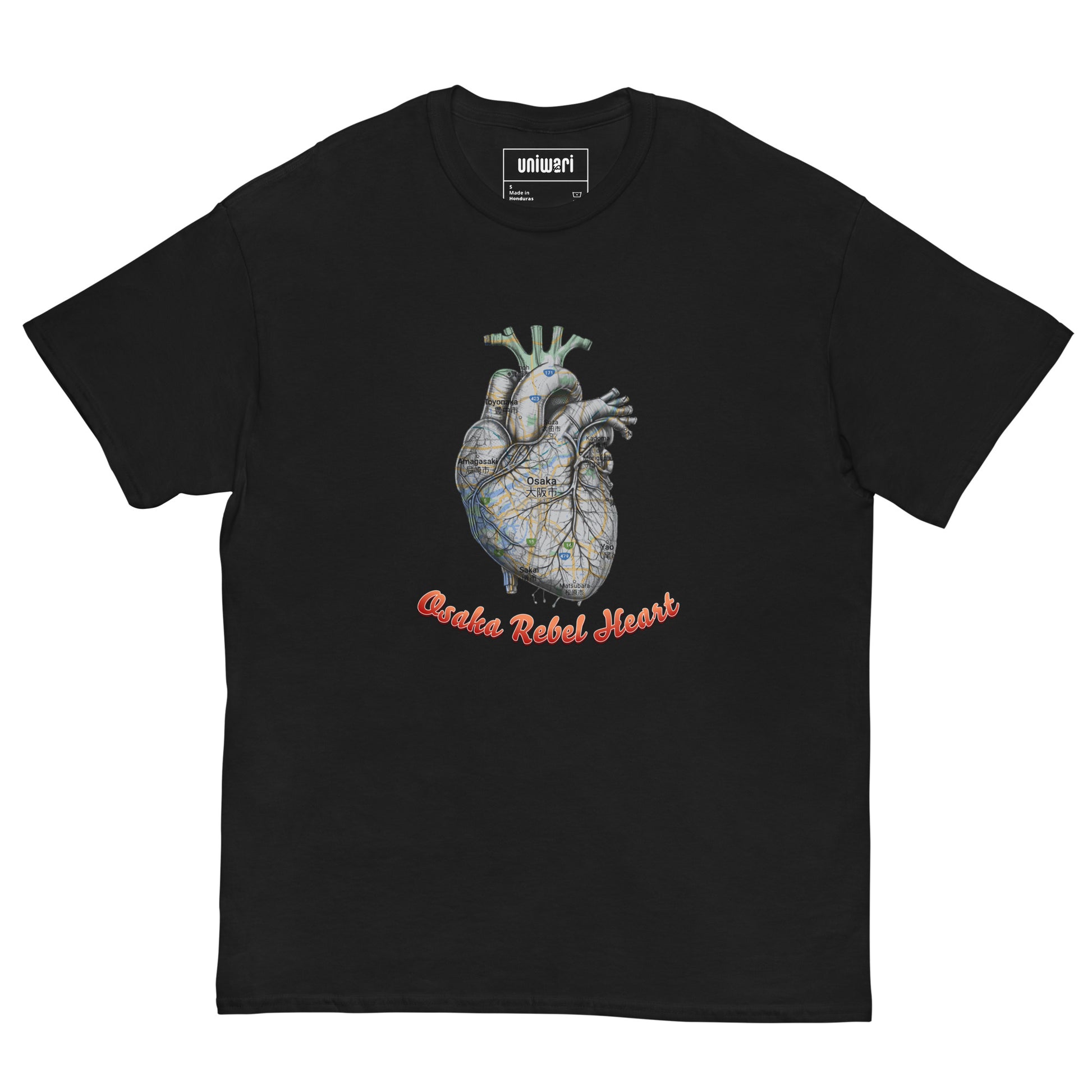 Black High Quality Tee - Front Design with a Heart Shaped Map of Osaka and a Phrase "Osaka Rebel Heart" print