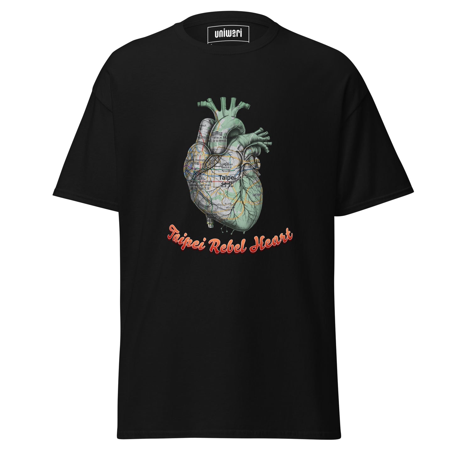 Black High Quality Tee - Front Design with a Heart Shaped Map of Taipei and a Phrase "Taipei Rebel Heart" print