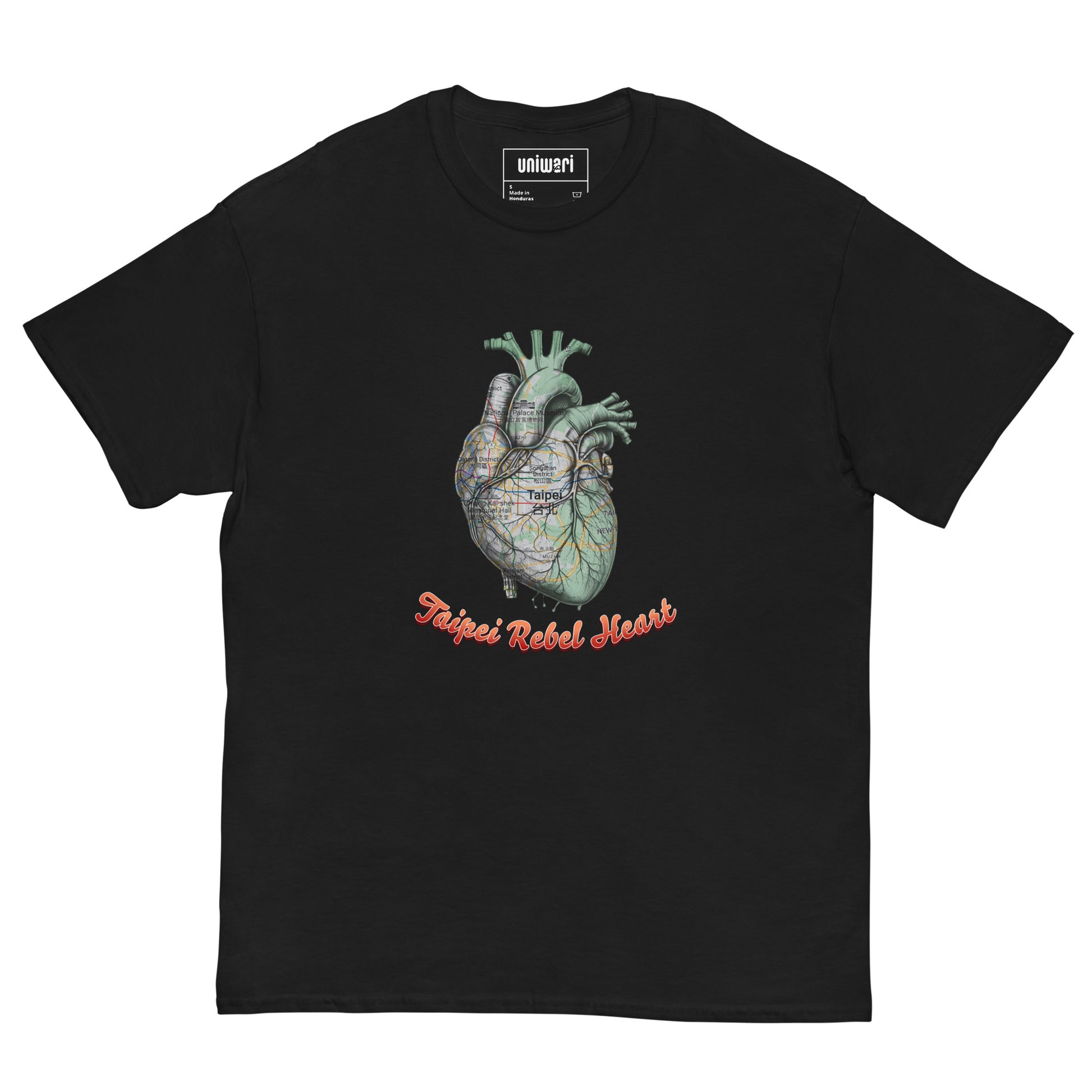 Black High Quality Tee - Front Design with a Heart Shaped Map of Taipei and a Phrase "Taipei Rebel Heart" print