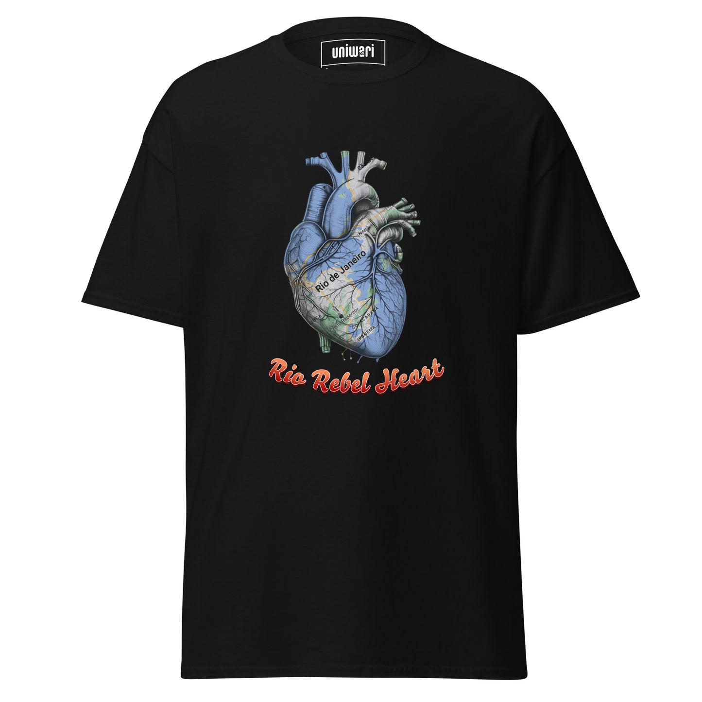 Black High Quality Tee - Front Design with a Heart Shaped Map of Rio de Janeiro and a Phrase "Rio Rebel Heart" print