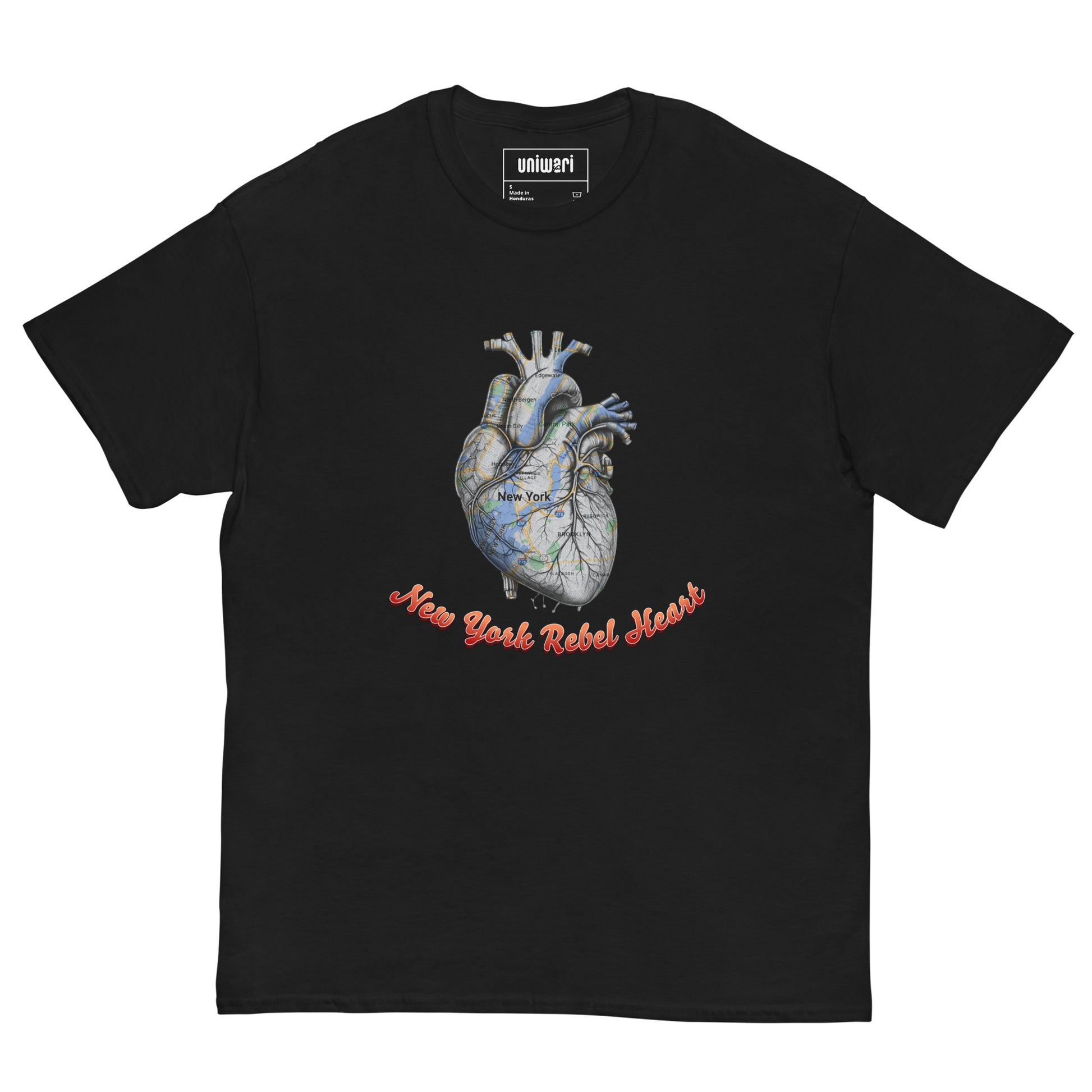 Black High Quality Tee - Front Design with a Heart Shaped Map of New York and a Phrase "New York Rebel Heart" print