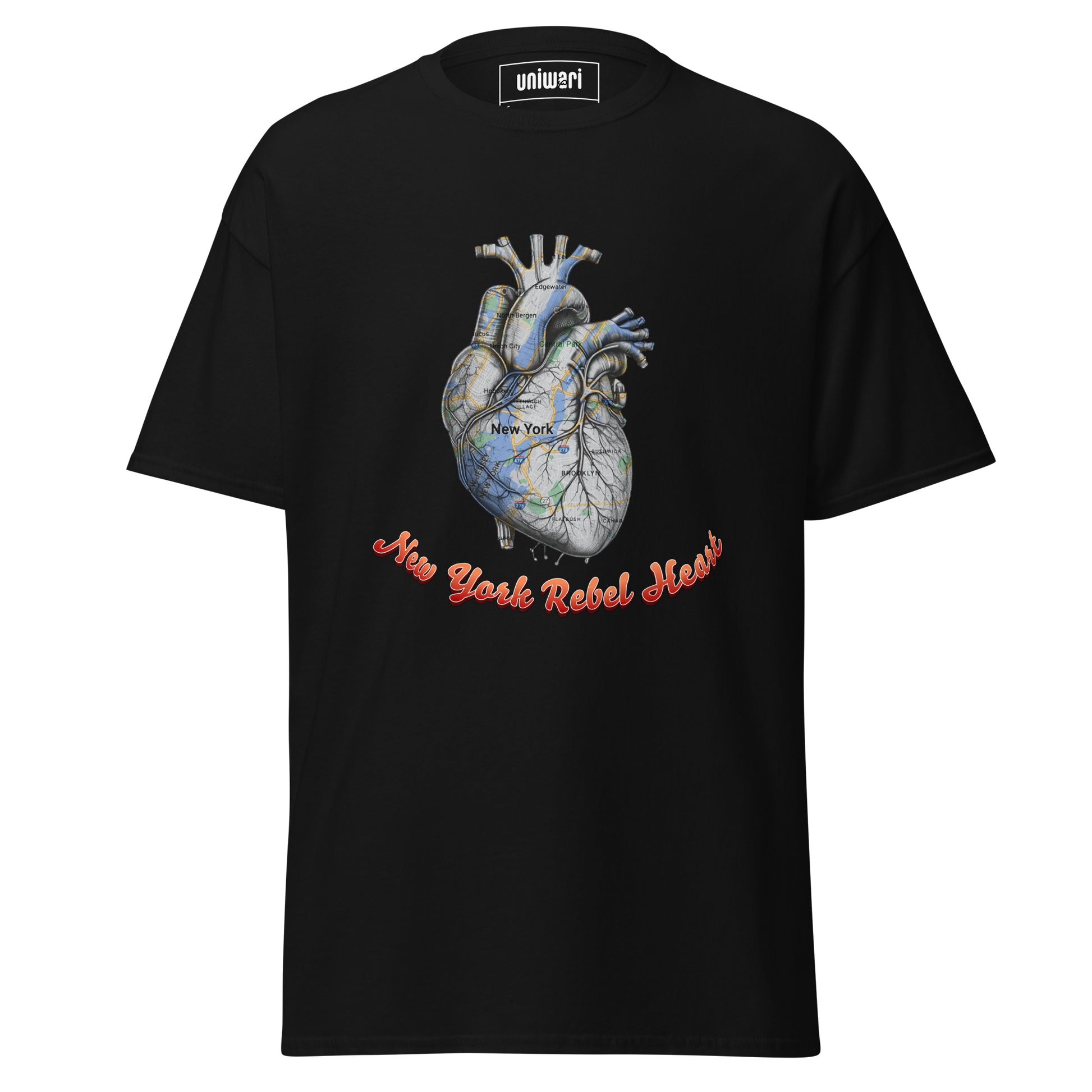 Black High Quality Tee - Front Design with a Heart Shaped Map of New York and a Phrase "New York Rebel Heart" print