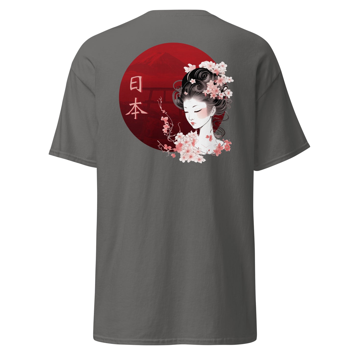 Gray High Quality Tee - Back Design of Japanese Geisha Print
