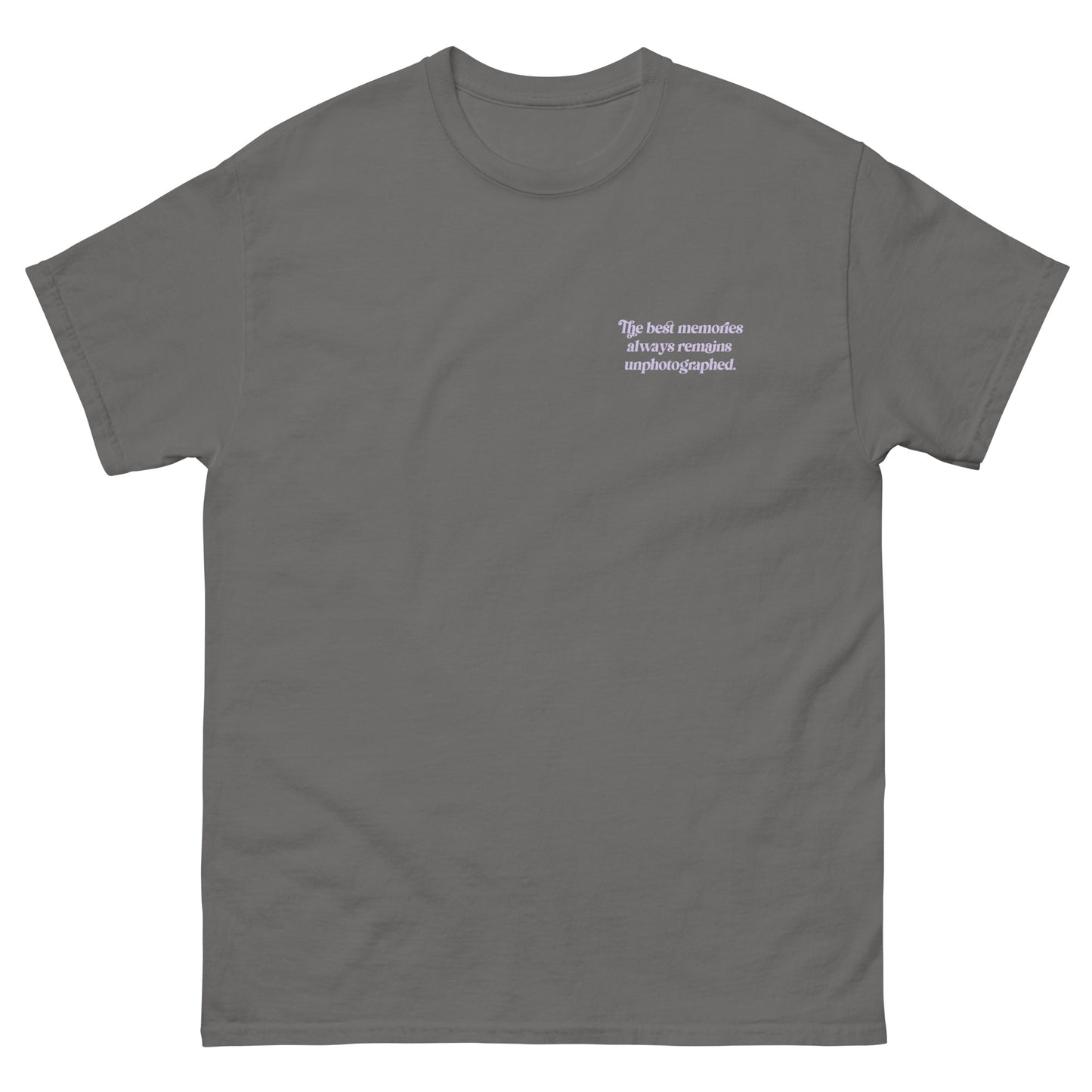 Dark Gray High Quality Tee - Front Design with "The best memories always remains unphotographed " print on left chest - Back Design with a Phrase "The best memories always remains unphotographed." print and three pictures of sky.