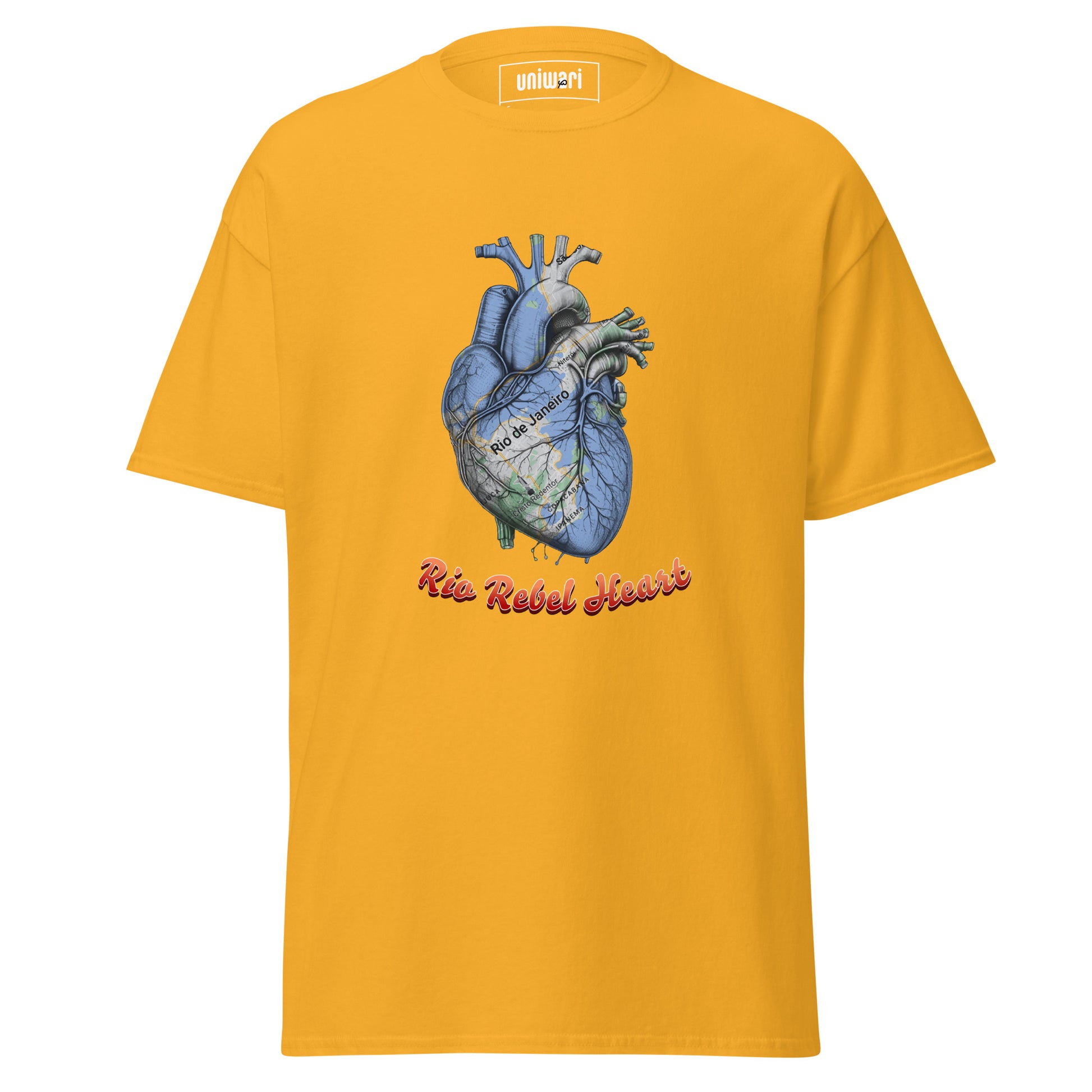 Yellow High Quality Tee - Front Design with a Heart Shaped Map of Rio de Janeiro and a Phrase "Rio Rebel Heart" print