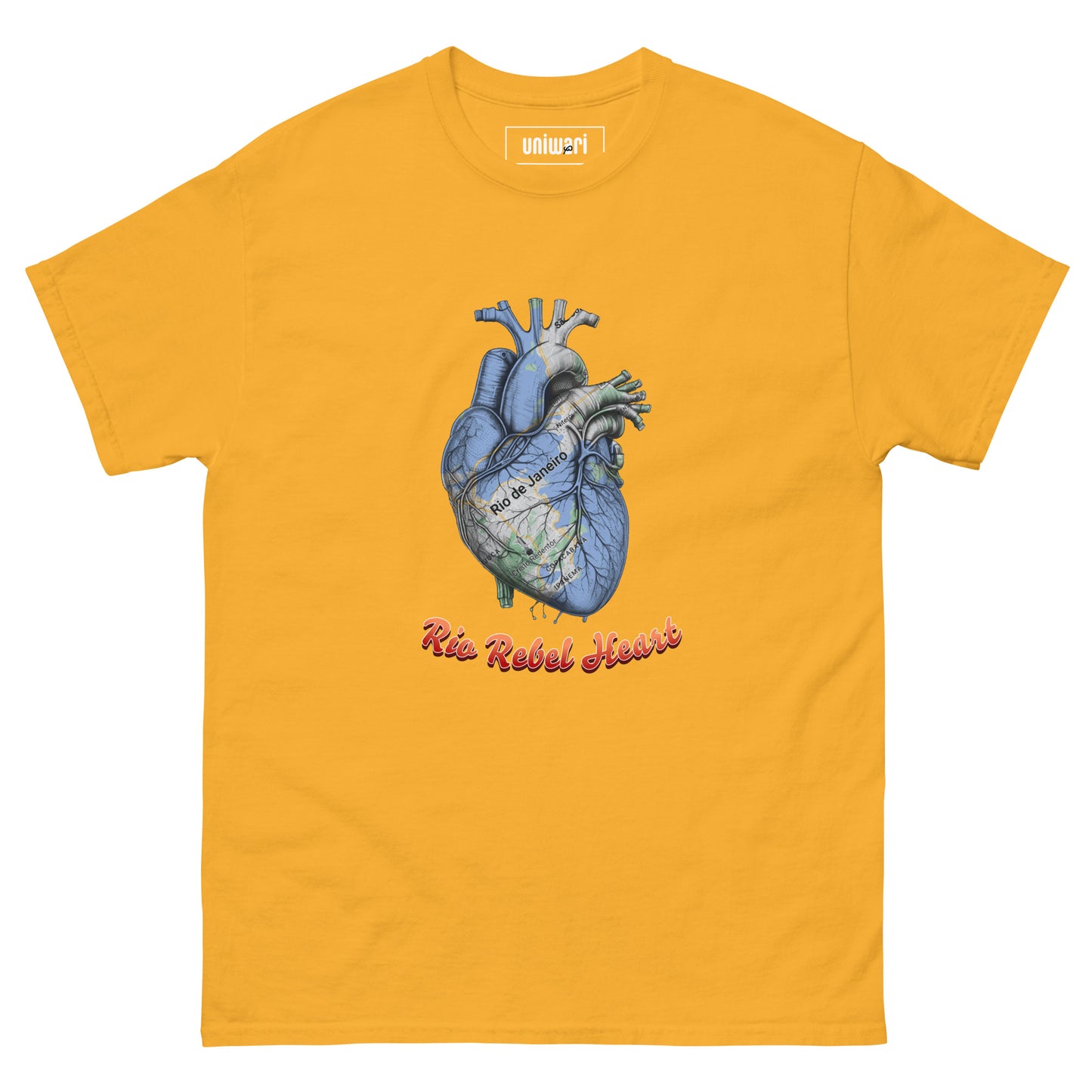 Yellow High Quality Tee - Front Design with a Heart Shaped Map of Rio de Janeiro and a Phrase "Rio Rebel Heart" print