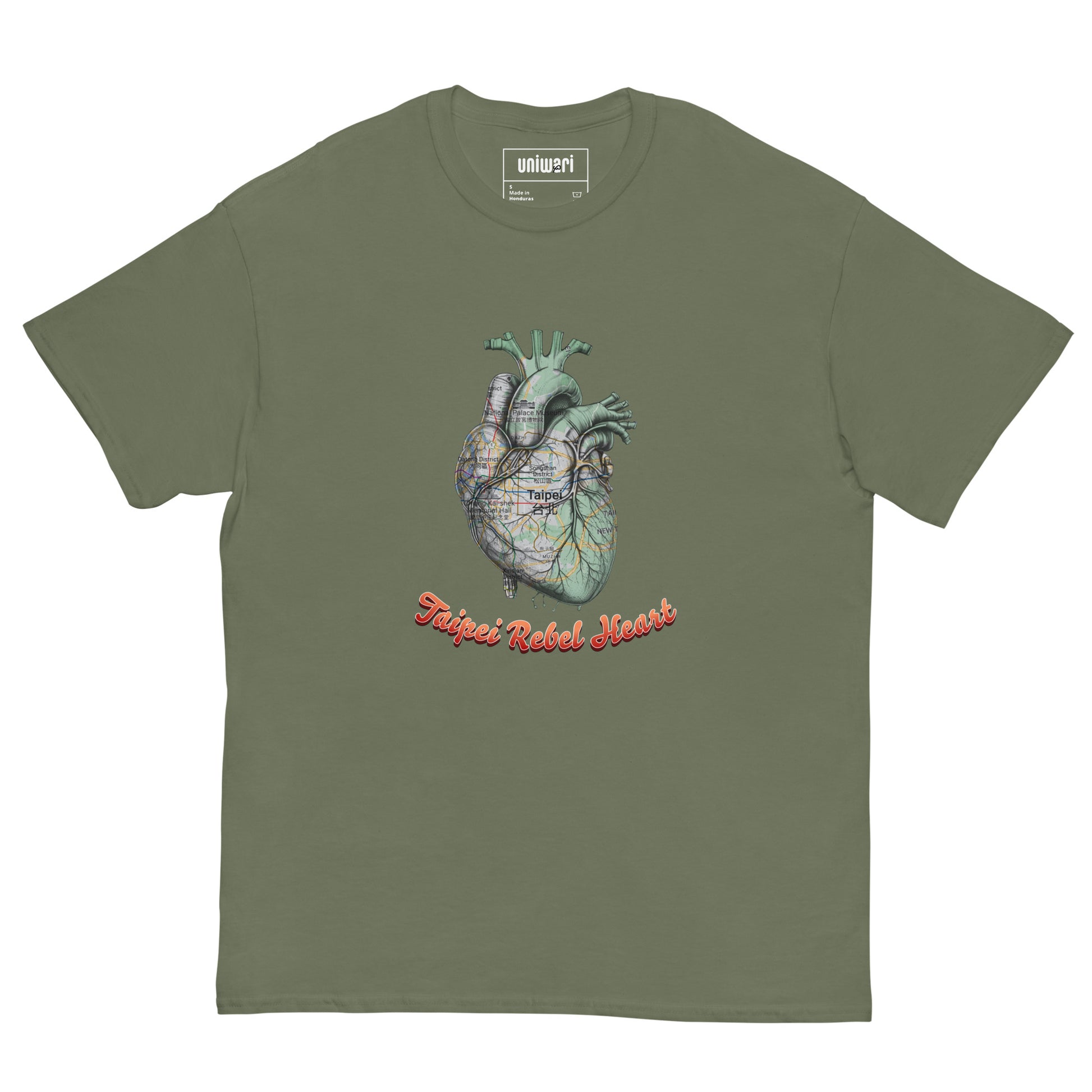 Green High Quality Tee - Front Design with a Heart Shaped Map of Taipei and a Phrase "Taipei Rebel Heart" print