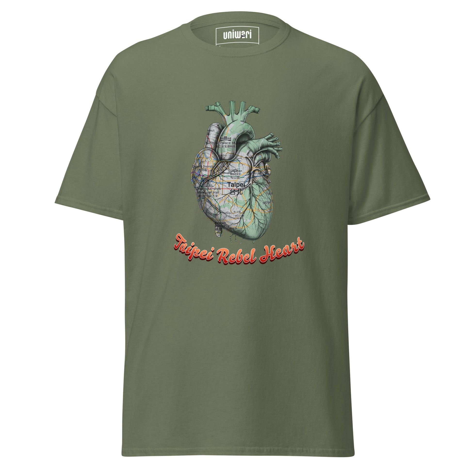 Green High Quality Tee - Front Design with a Heart Shaped Map of Taipei and a Phrase "Taipei Rebel Heart" print