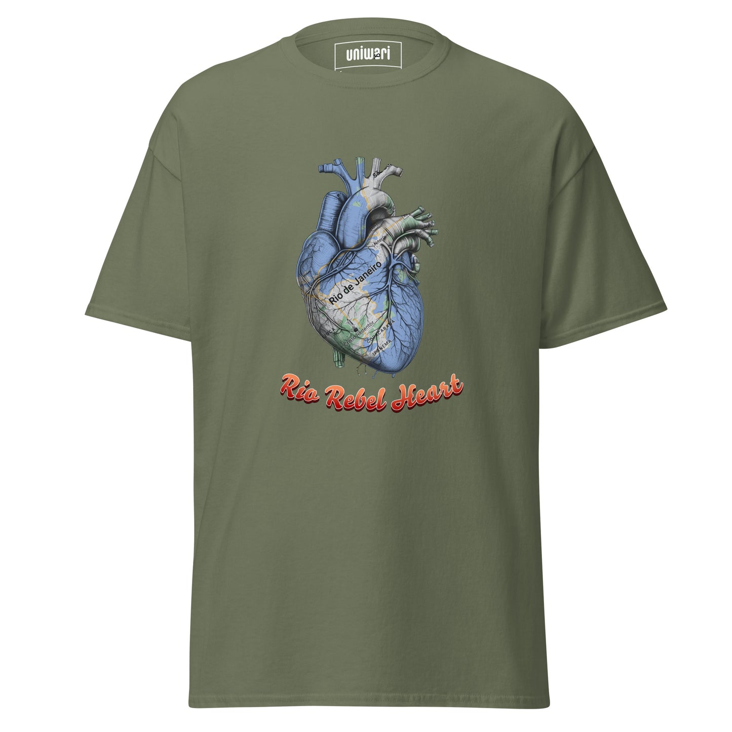 Green High Quality Tee - Front Design with a Heart Shaped Map of Rio de Janeiro and a Phrase "Rio Rebel Heart" print