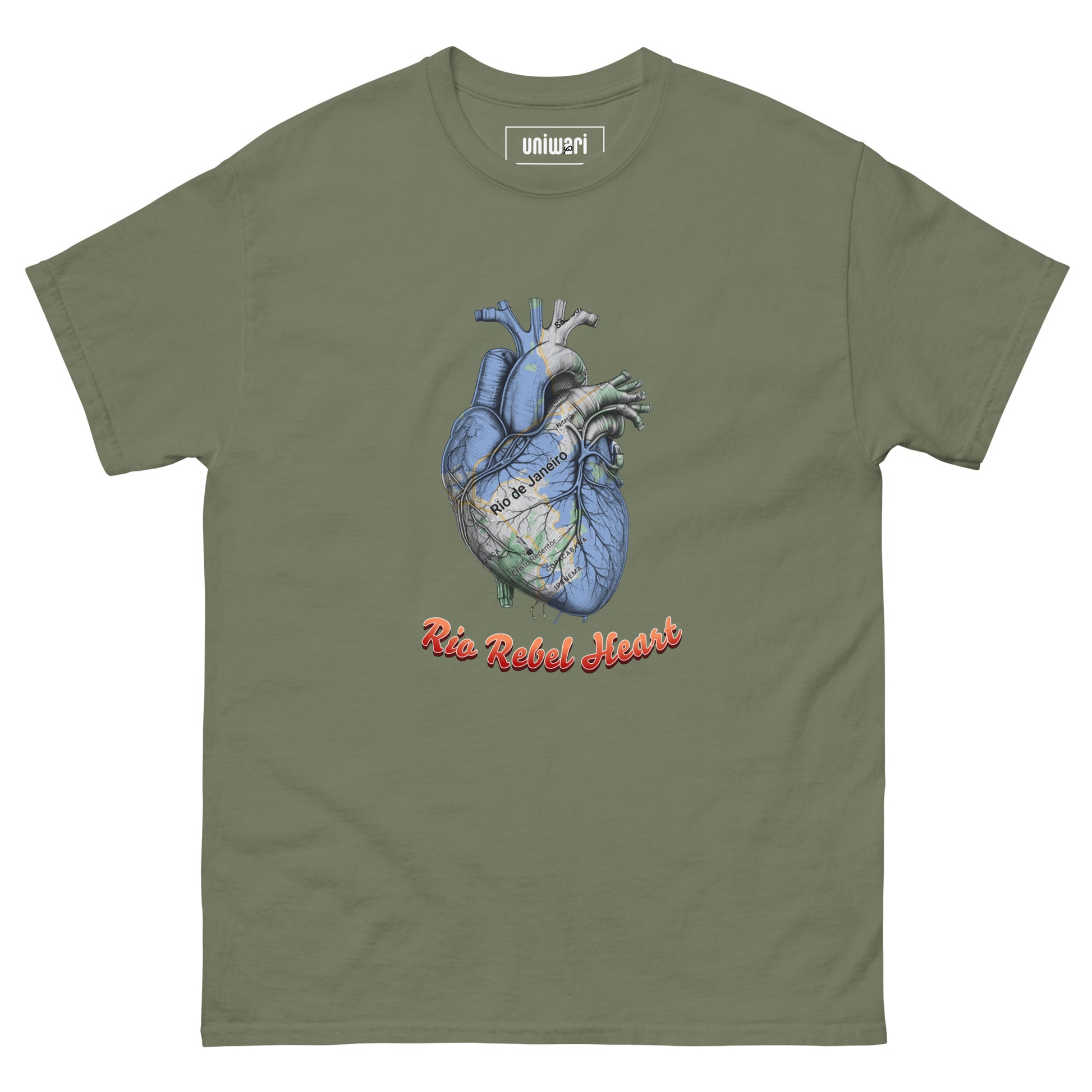 Green High Quality Tee - Front Design with a Heart Shaped Map of Rio de Janeiro and a Phrase "Rio Rebel Heart" print