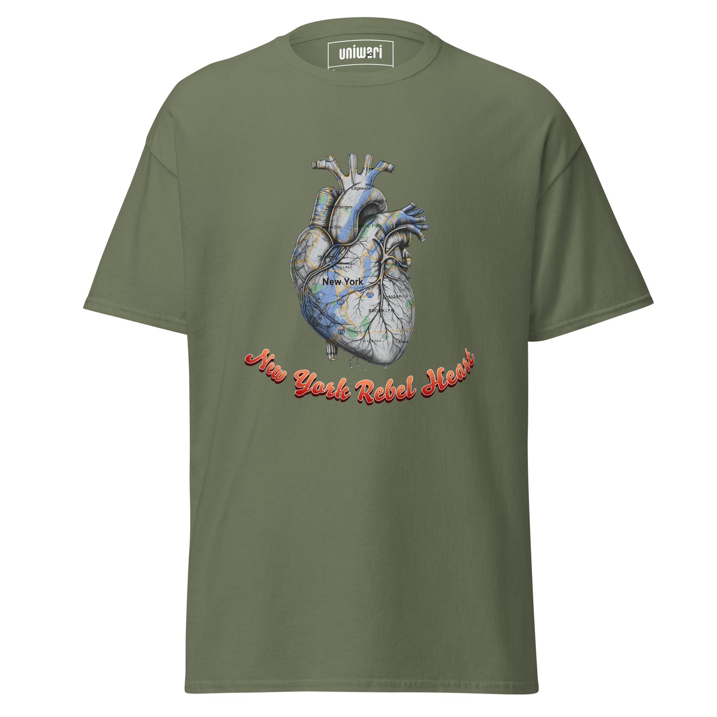 Green High Quality Tee - Front Design with a Heart Shaped Map of New York and a Phrase "New York Rebel Heart" print