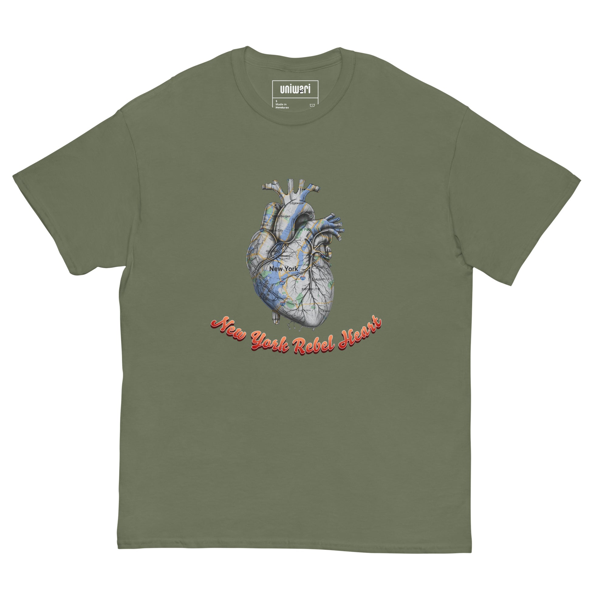 Green High Quality Tee - Front Design with a Heart Shaped Map of New York and a Phrase "New York Rebel Heart" print