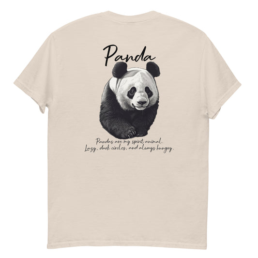 Beige High Quality Tee - Front Design with a Panda on left chest - Back Design with a Panda and a Phrase " pandas are my spirit animal. Lazy, dark circles, and always hungry." print