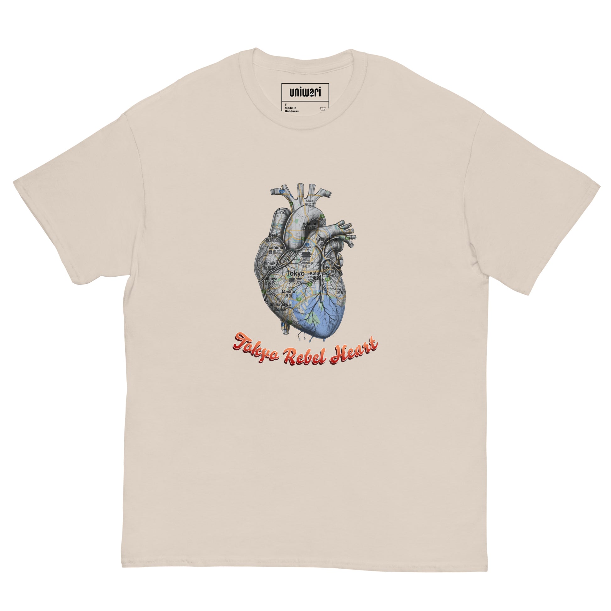 Beige High Quality Tee - Front Design with a Heart Shaped Map of Tokyo and a Phrase "Tokyo Rebel Heart" print