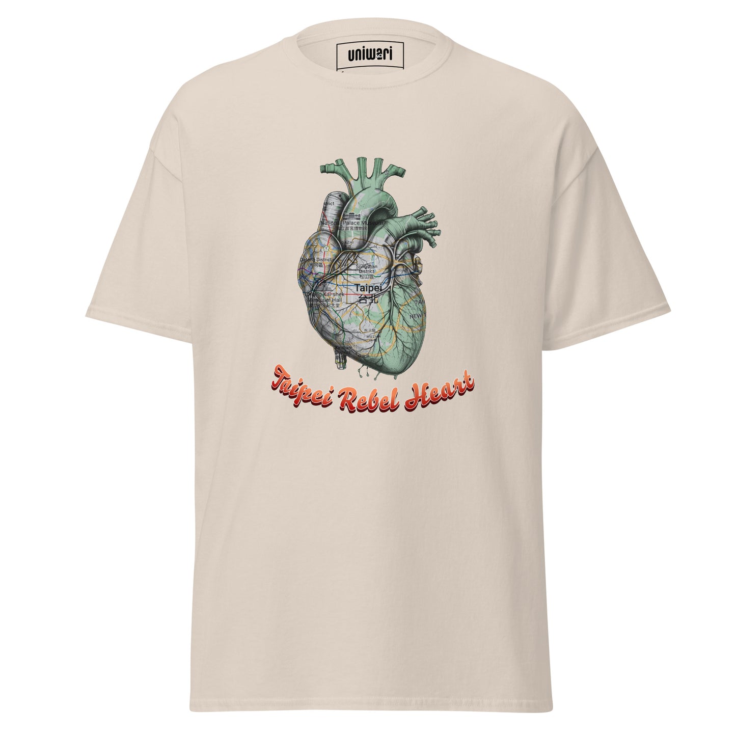 Beige High Quality Tee - Front Design with a Heart Shaped Map of Taipei and a Phrase "Taipei Rebel Heart" print