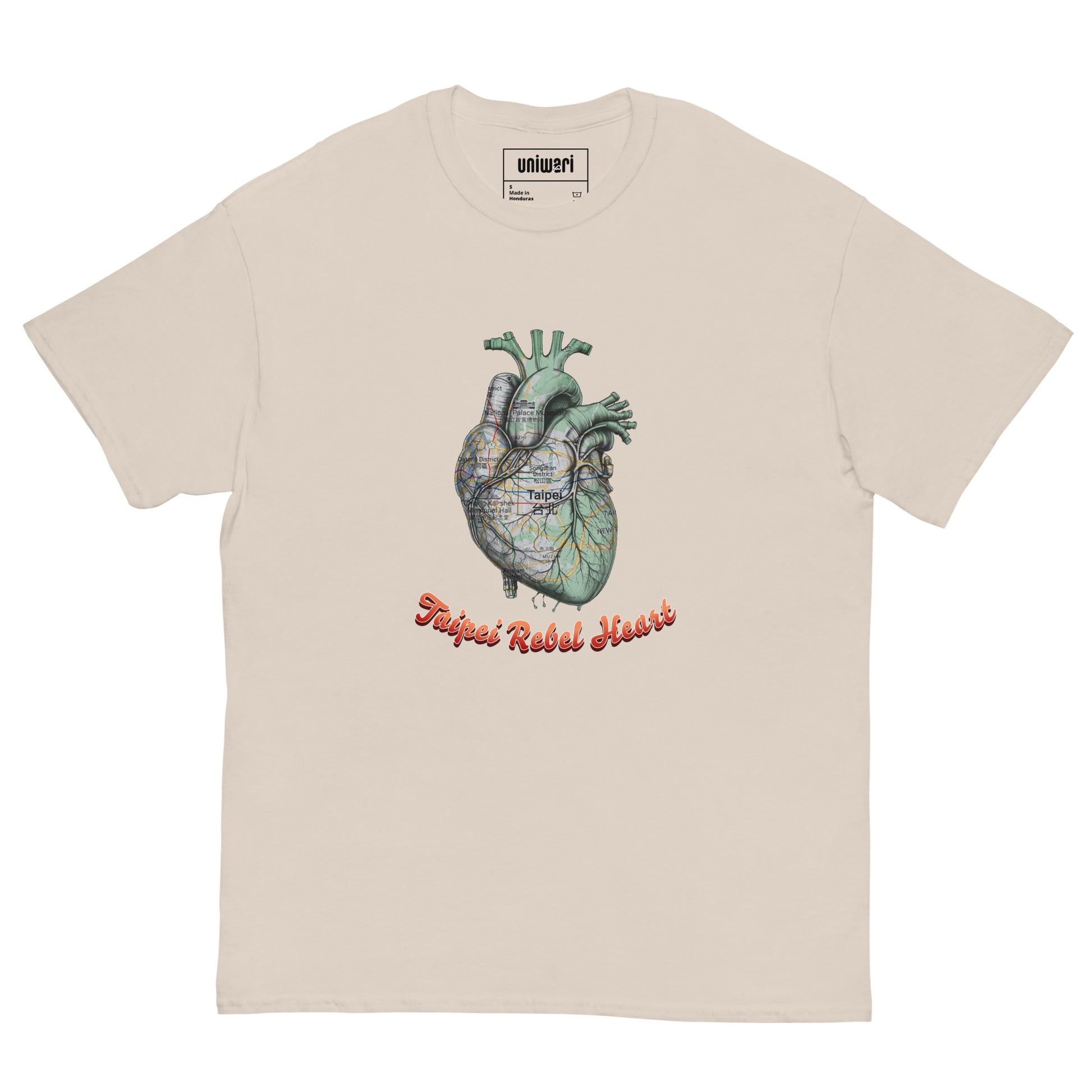 Beige High Quality Tee - Front Design with a Heart Shaped Map of Taipei and a Phrase "Taipei Rebel Heart" print