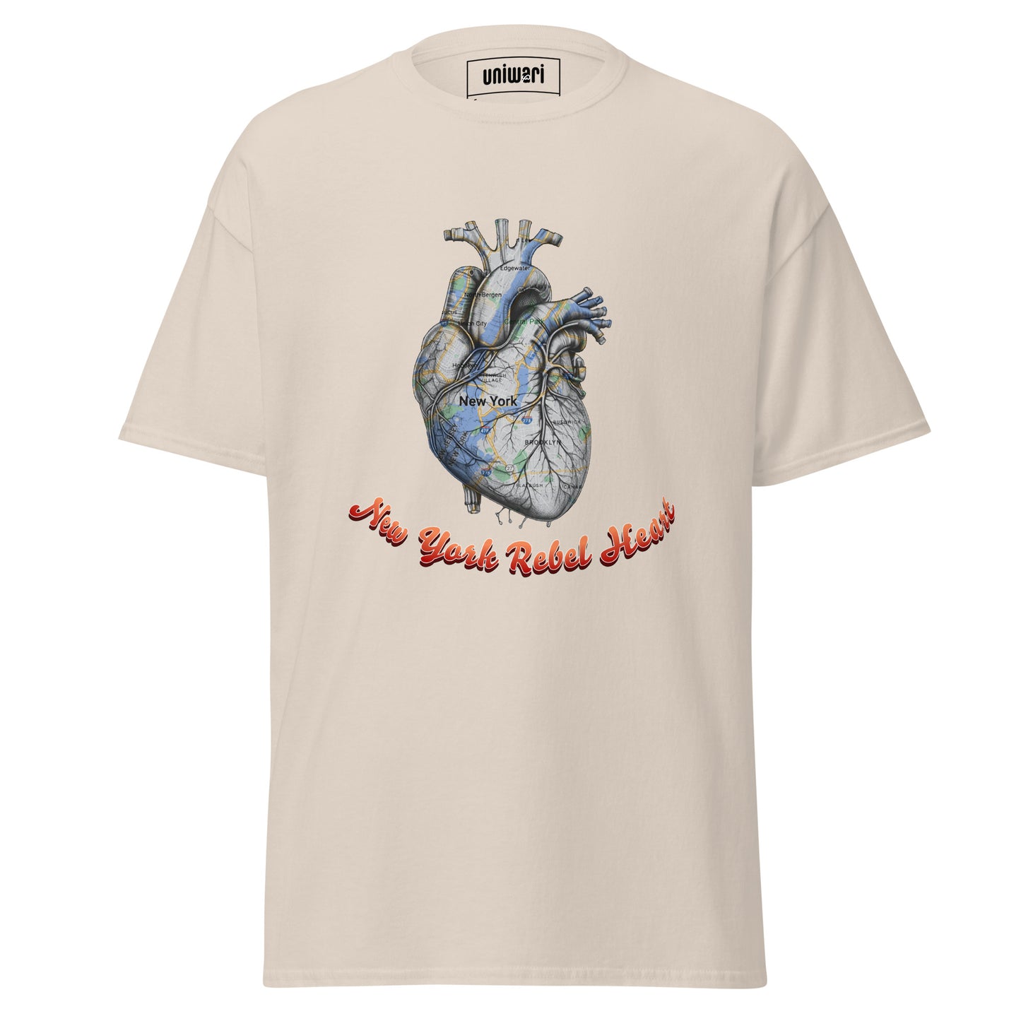 Beige High Quality Tee - Front Design with a Heart Shaped Map of New York and a Phrase "New York Rebel Heart" print